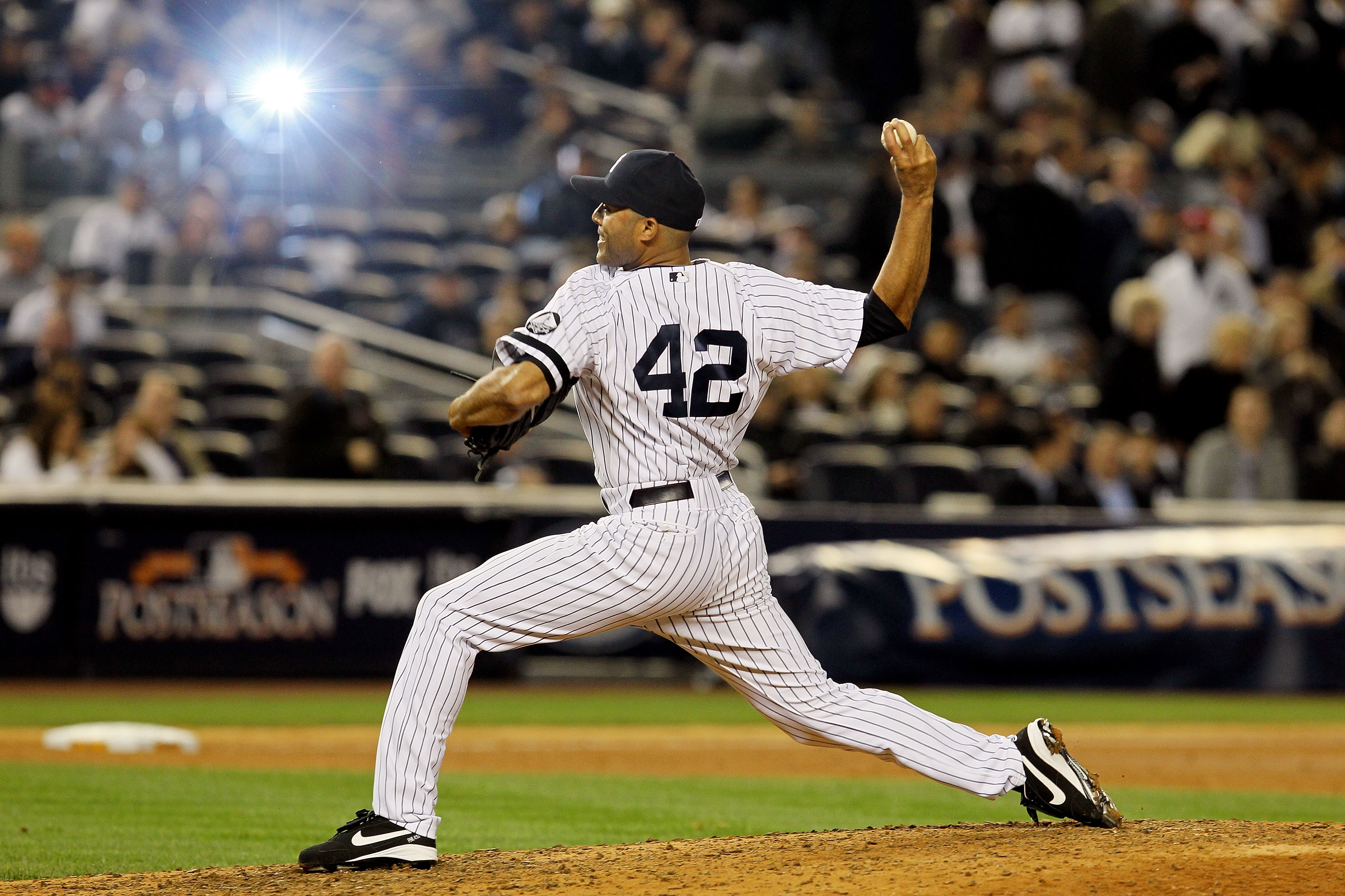 NEW YORK - OCTOBER 20:  Mariano Rivera #42 of the New York Yankees pitches against the Texas Rangers in Game Five of the ALCS during the 2010 MLB Playoffs at Yankee Stadium on October 20, 2010 in the Bronx borough of New York City.  (Photo by Jim McIsaac/