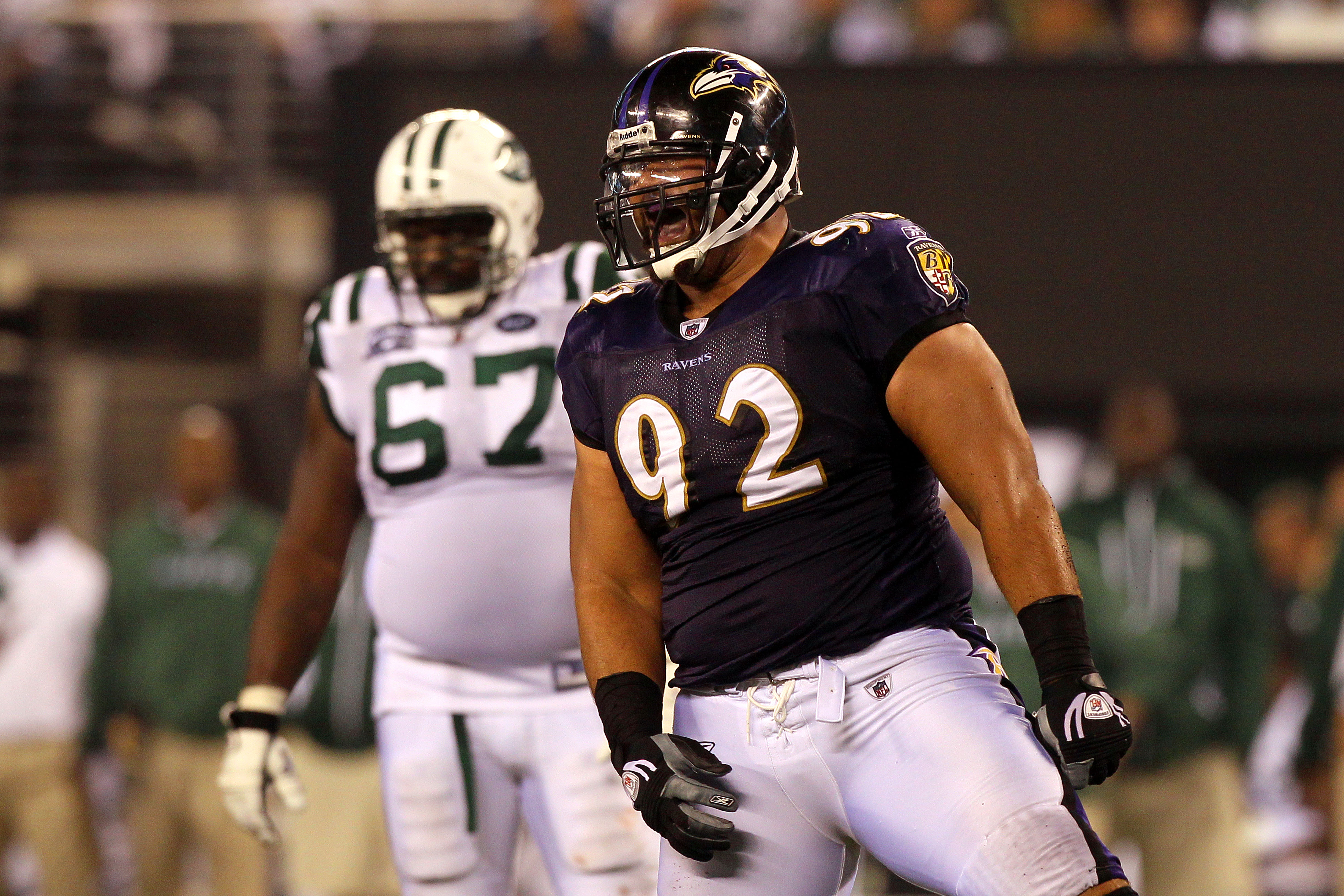 Baltimore Ravens OLB Terrell Suggs (55) celebrates after making an