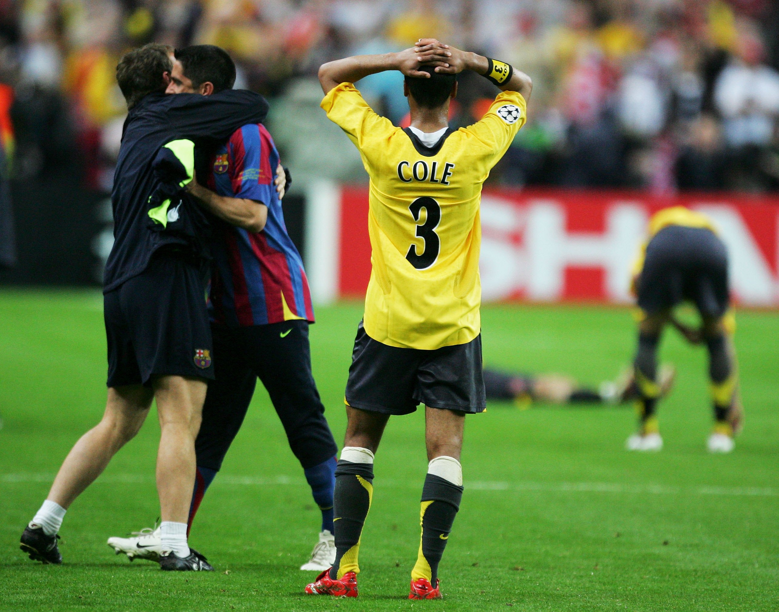 PARIS - MAY 17:  Ashley Cole of Arsenal holds his head in despair after his teams defeat in the UEFA Champions League Final between Arsenal and Barcelona at the Stade de France on May 17, 2006 in Paris, France.  (Photo by Laurence Griffiths/Getty Images)