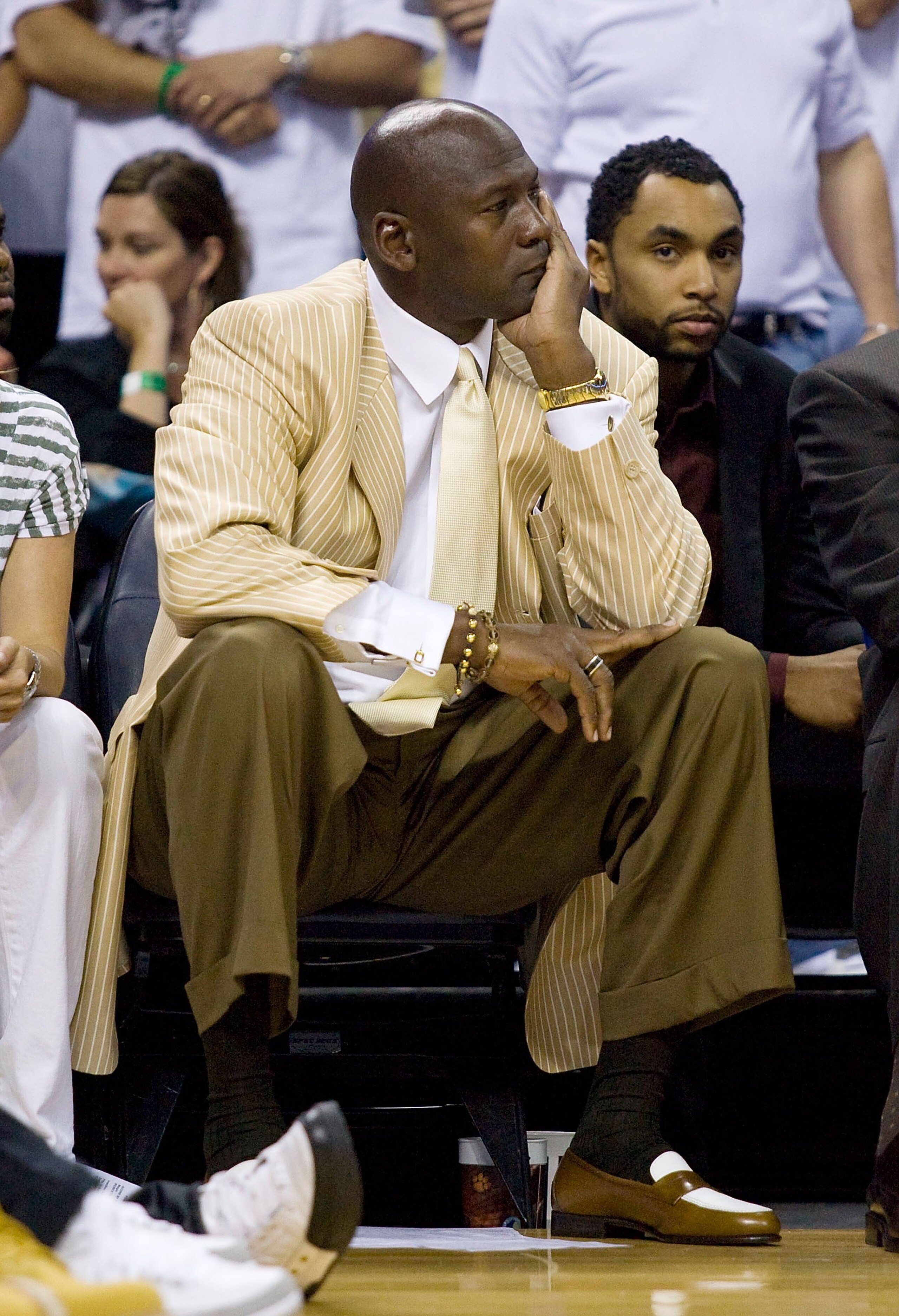 CHARLOTTE, NC - APRIL 26: Charlotte Bobcats principal owner Michael Jordan watches in disappointment as time runs down against the Orlando Magic at Time Warner Cable Arena on April 26, 2010 in Charlotte, North Carolina.  The Magic defeated the Bobcats 99-