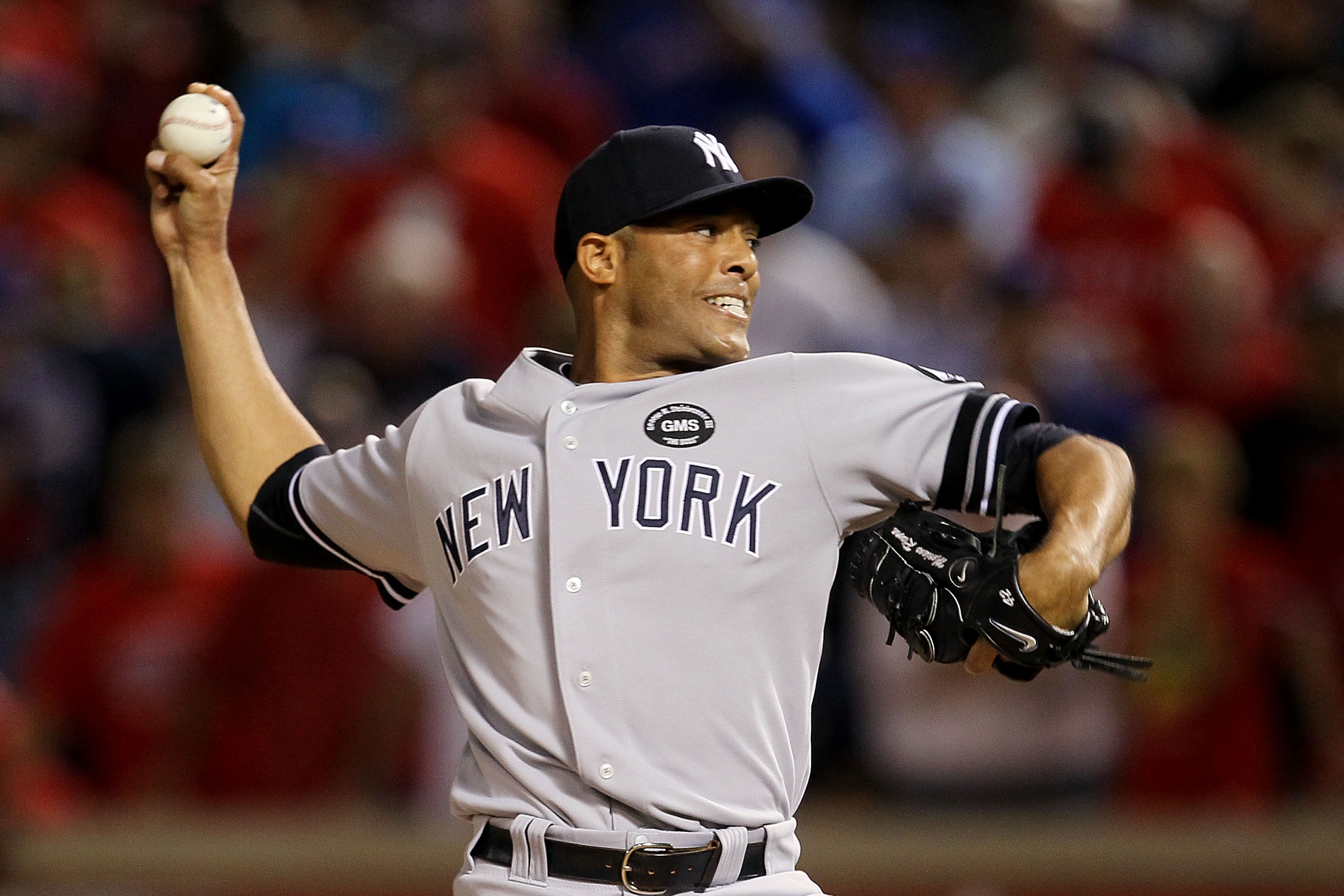 ARLINGTON, TX - OCTOBER 22:  Mariano Rivera #42 of the New York Yankees throws a pitch against the Texas Rangers in Game Six of the ALCS during the 2010 MLB Playoffs at Rangers Ballpark in Arlington on October 22, 2010 in Arlington, Texas.  (Photo by Step