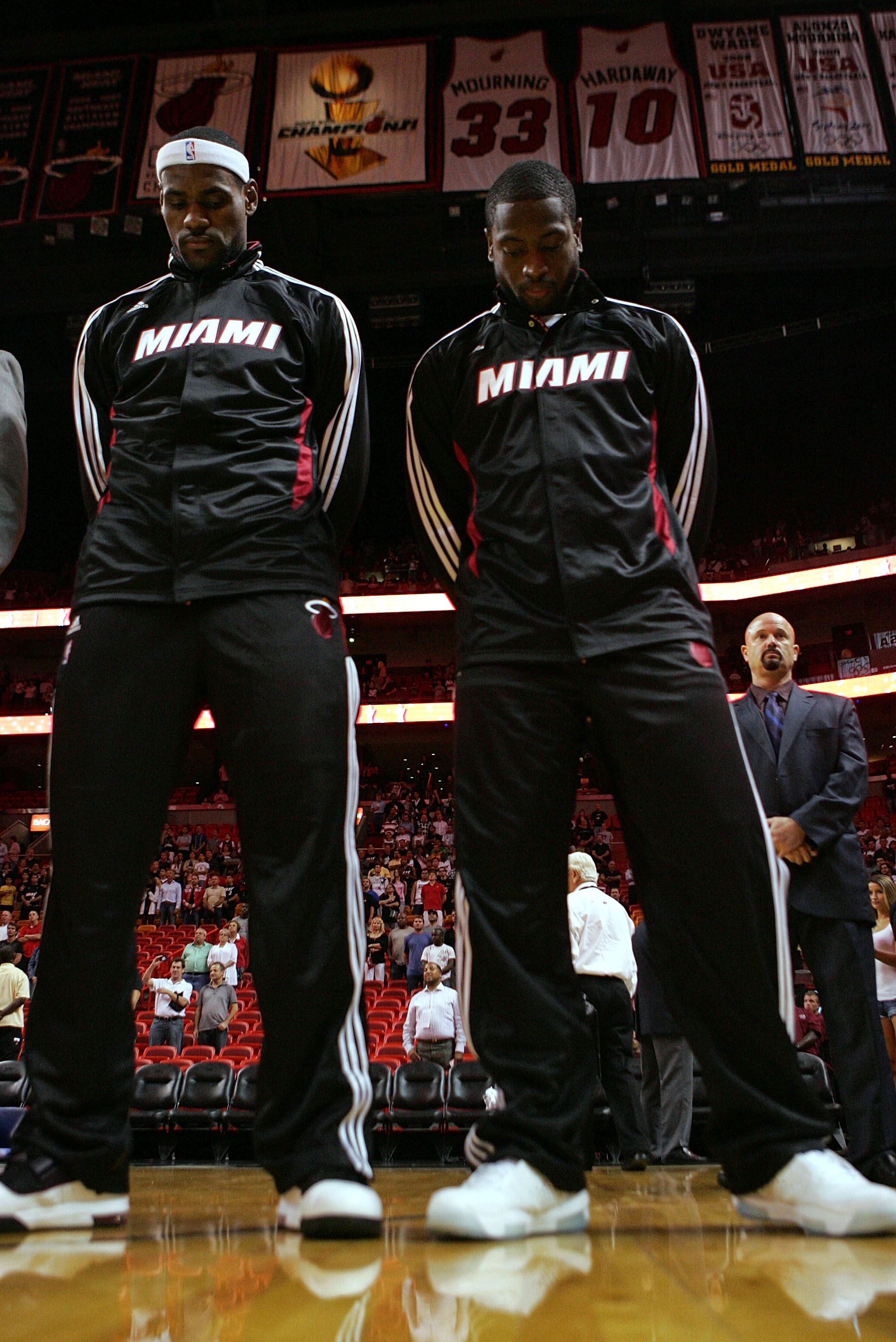 MIAMI - OCTOBER 12:  Forward LeBron James #6 and Dwyane Wade #3 of the Miami Heat prior to playing CSKA Moskow on October 12, 2010 in Miami, Florida.  NOTE TO USER: User expressly acknowledges and agrees that, by downloading and or using this photograph,