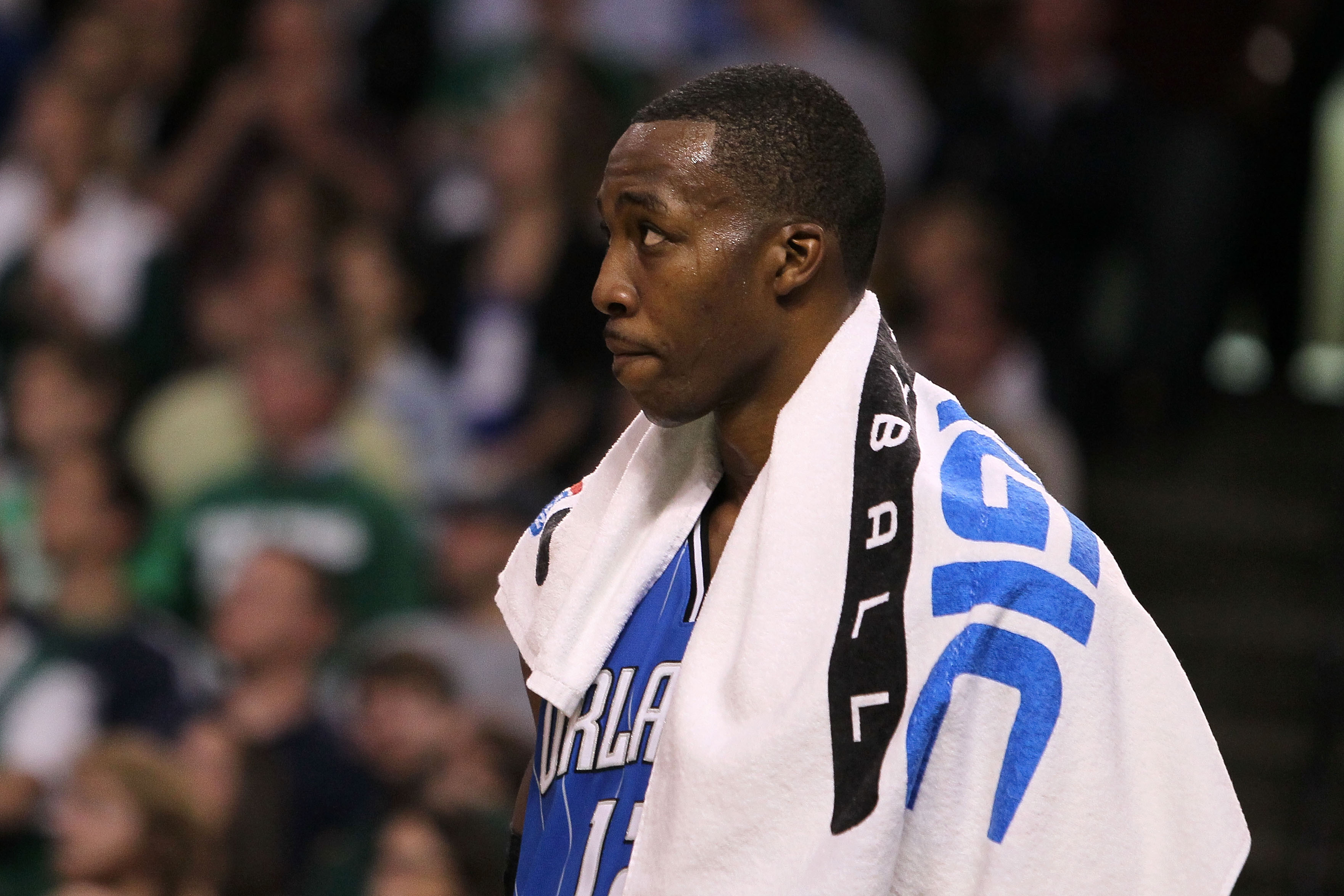 BOSTON - MAY 28:  Dwight Howard #12 of  the Orlando Magic looks on dejected after the Magic lost 96-84 against the Boston Celtics in Game Six of the Eastern Conference Finals during the 2010 NBA Playoffs at TD Garden on May 28, 2010 in Boston, Massachuset