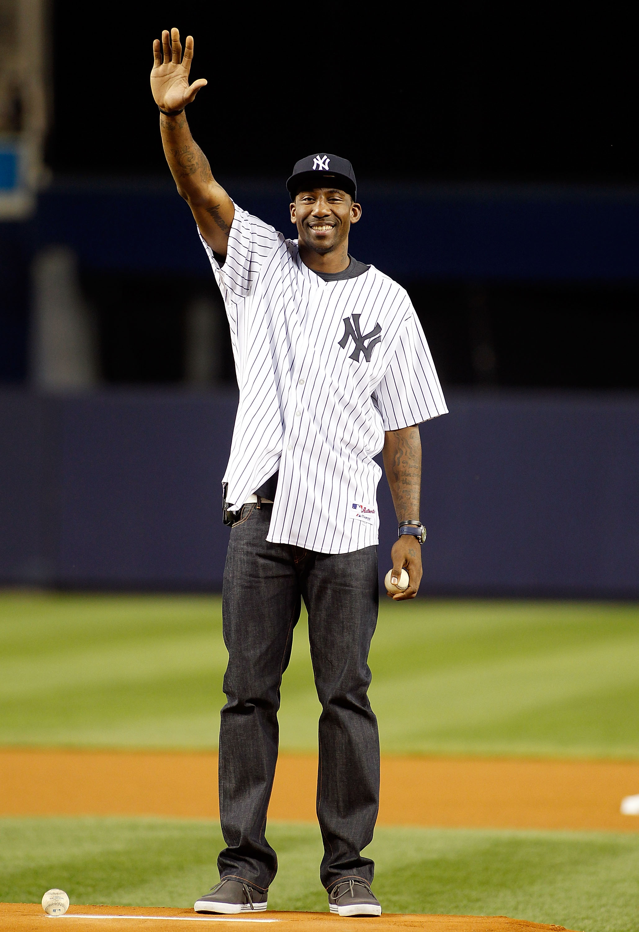NEW YORK - SEPTEMBER 23:  Amar'e Stoudemire of the New York Knicks throws out the first pitch prior to the game between the New York Yankees and the Tampa Bay Rays on September 23, 2010 at Yankee Stadium in the Bronx borough of New York City.  (Photo by M