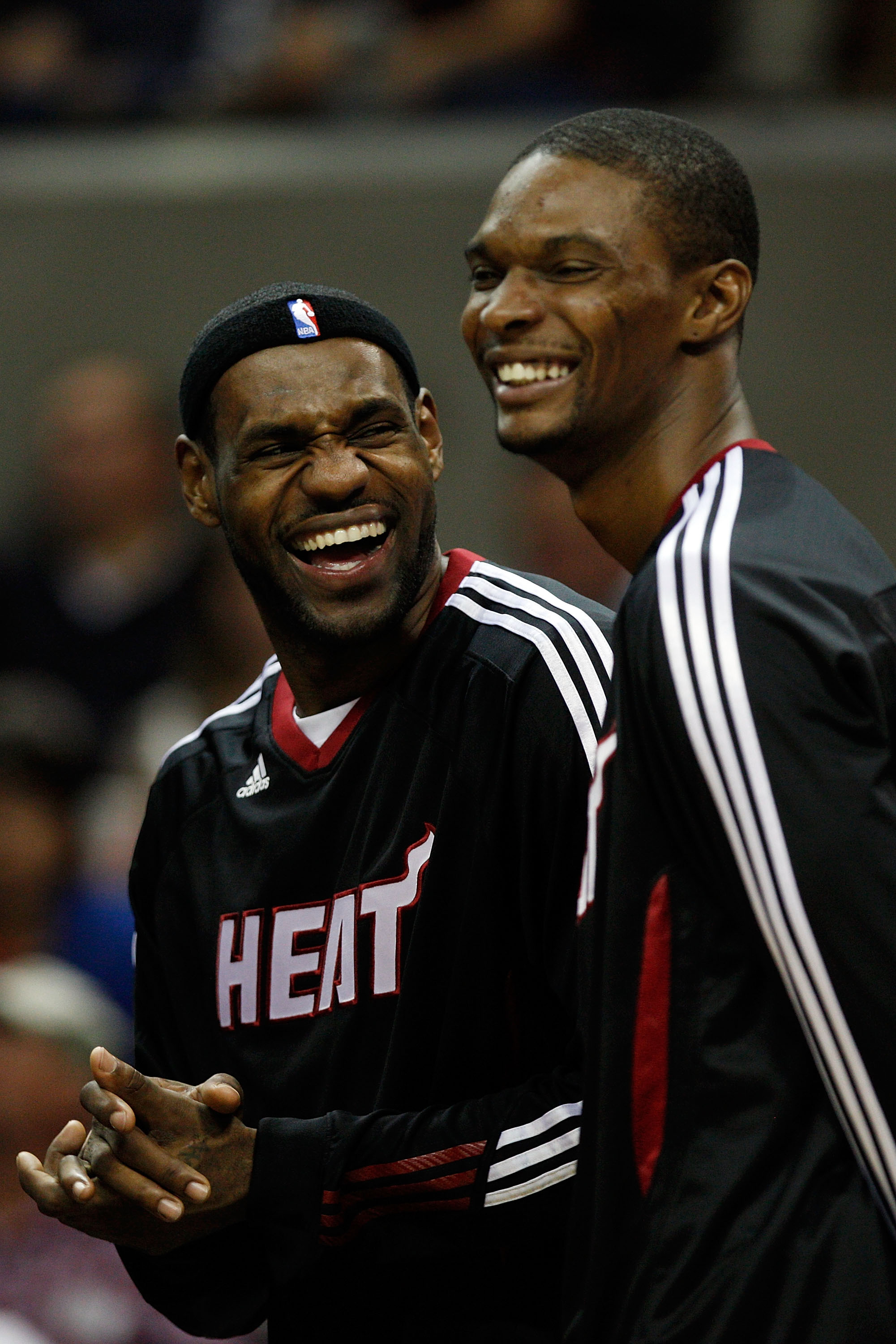 SAN ANTONIO - OCTOBER 09:  LeBron James #6 and Chris Bosh #1 of the Miami Heat talk during a timeout during the game against the San Antonio Spurs at the AT&T Center on October 9, 2010 in San Antonio, Texas.  NOTE TO USER: User expressly acknowledges and