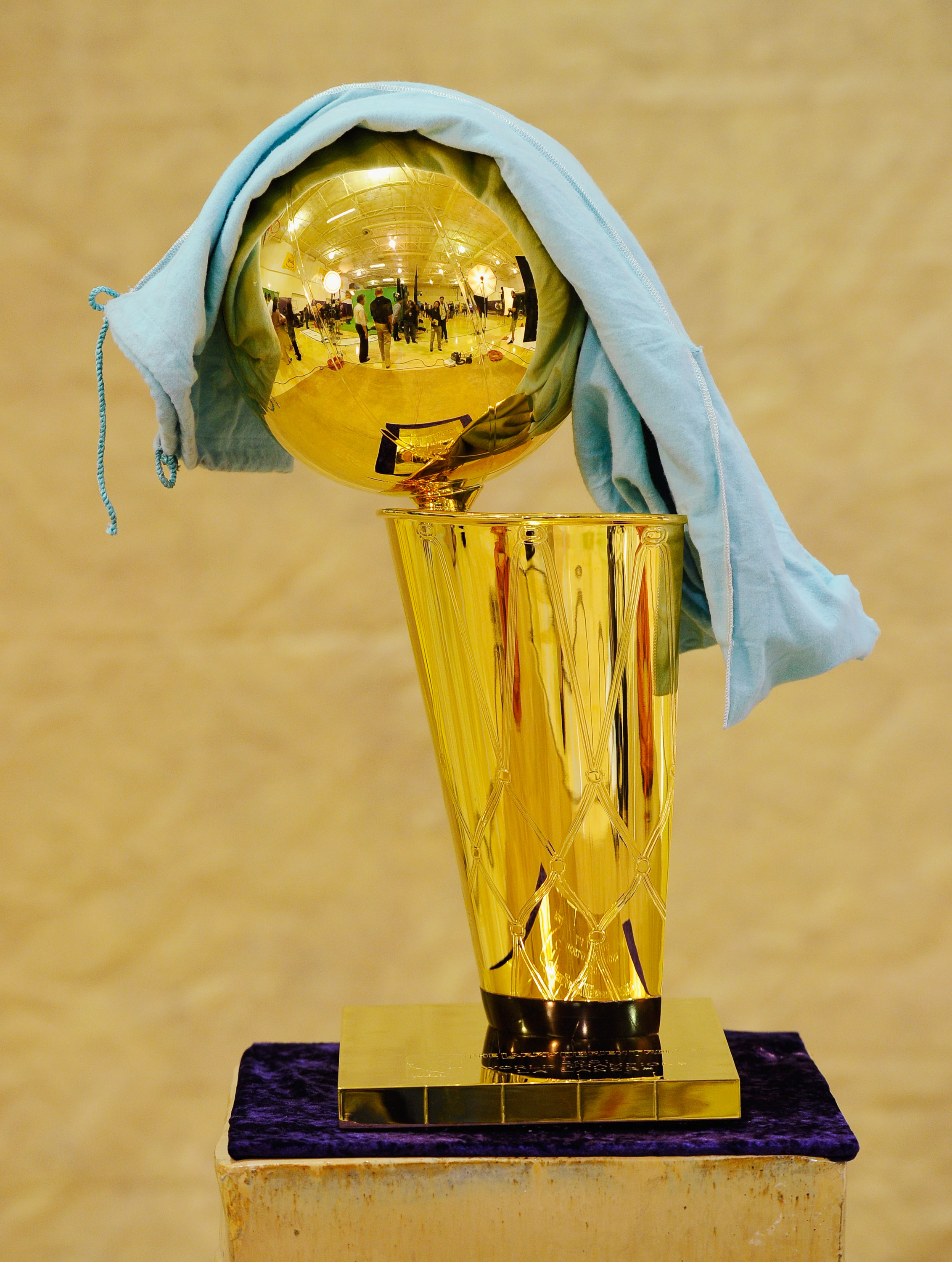 EL SEGUNDO, CA - SEPTEMBER 25: NBA Finals Larry O'Brien Championship Trophy is covered with a protective cloth as it rest on a stand during the Los Angeles Lakers Media Day at the Toyota Center on September 25, 2010 in El Segundo, California. NOTE TO USE