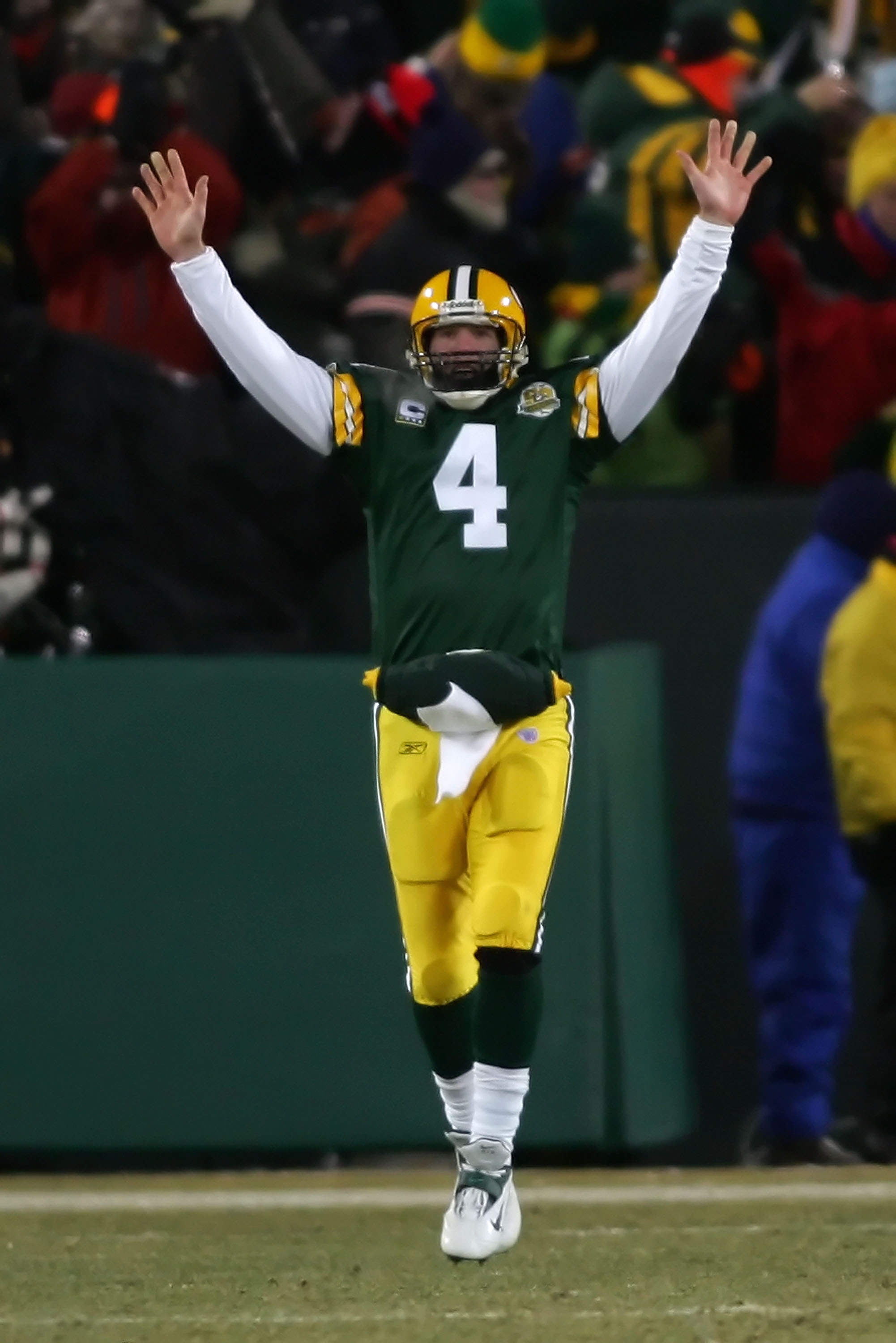 Quarterback Brett Favre of the Green Bay Packers celebrates after