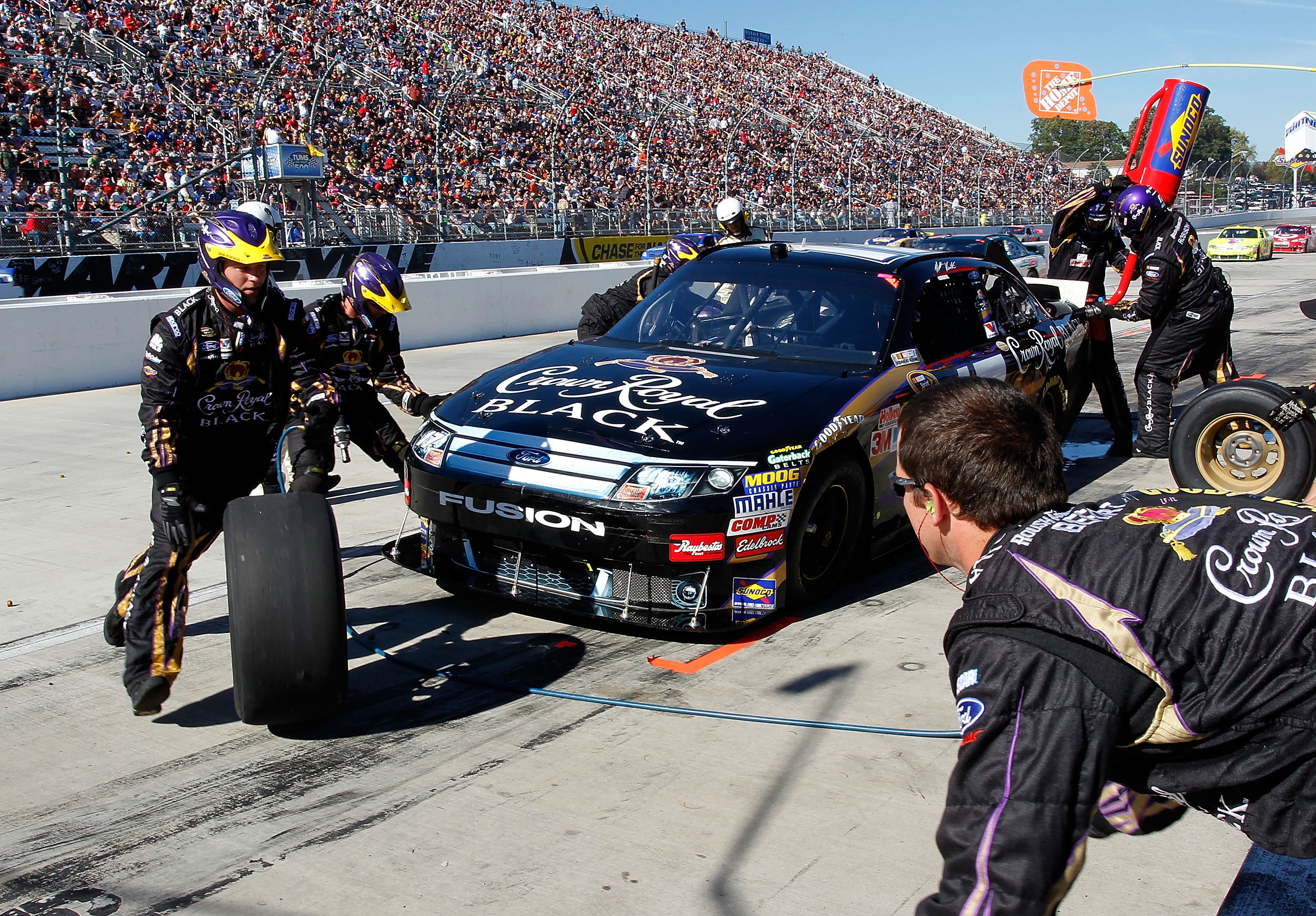MARTINSVILLE, VA - OCTOBER 24: Matt Kenseth, driver of the #17 Crown Royal Black Ford, pits during the NASCAR Sprint Cup Series TUMS Fast Relief 500 at Martinsville Speedway on October 24, 2010 in Martinsville, Virginia.  (Photo by Geoff Burke/Getty Image