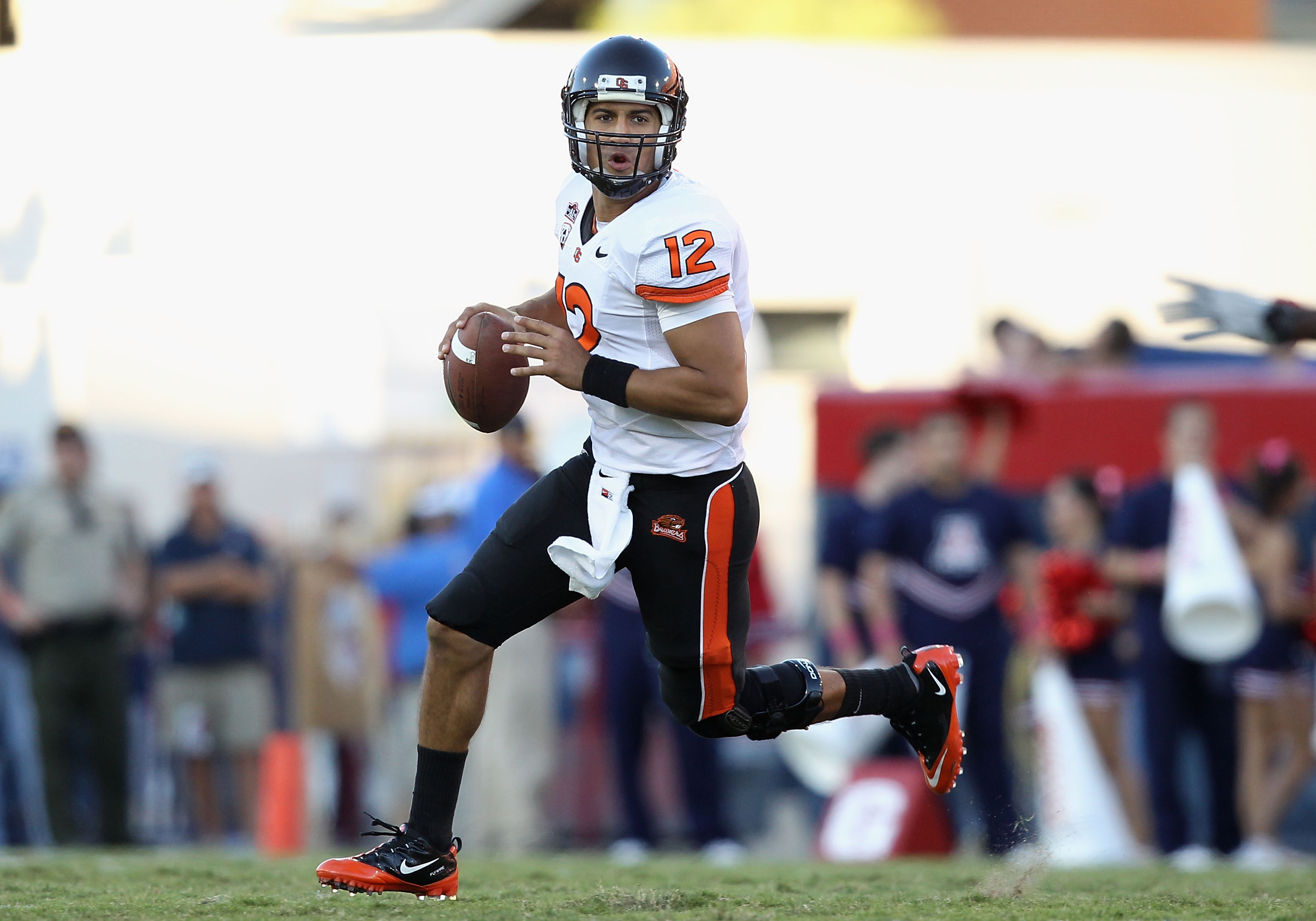 TUCSON, AZ - OCTOBER 09: Quarterback Ryan Katz #12 of the Oregon State Beavers drops back to pass during the college football game against the Arizona Wildcats at Arizona Stadium on October 9, 2010 in Tucson, Arizona. The Beavers defeated the Wildcats 2