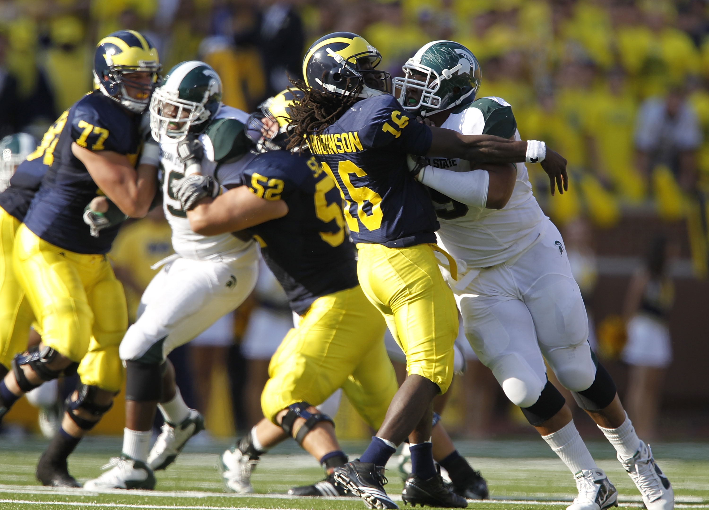 ANN ARBOR, MI - OCTOBER 09: Jerel Worthy #99 of the Michigan State Spartans rushes Denard Robinson #16 of the Michigan Wolverines during the game on October 9, 2010 at Michigan Stadium in Ann Arbor, Michigan. The Michigan State Spartans defeated the Mich