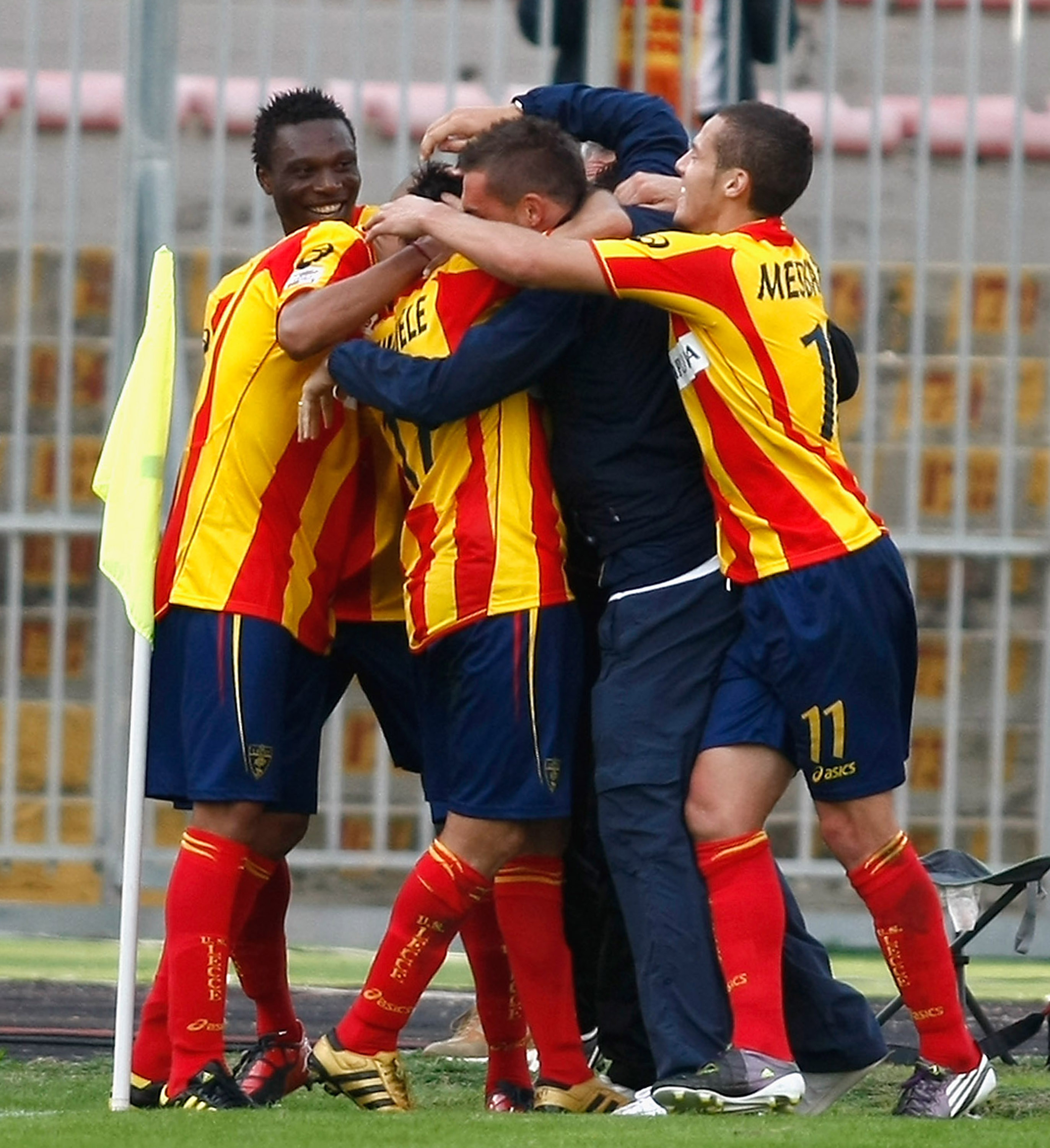Lecce celebrate a goal by David Di Michele that turned out to be the game winnner.
