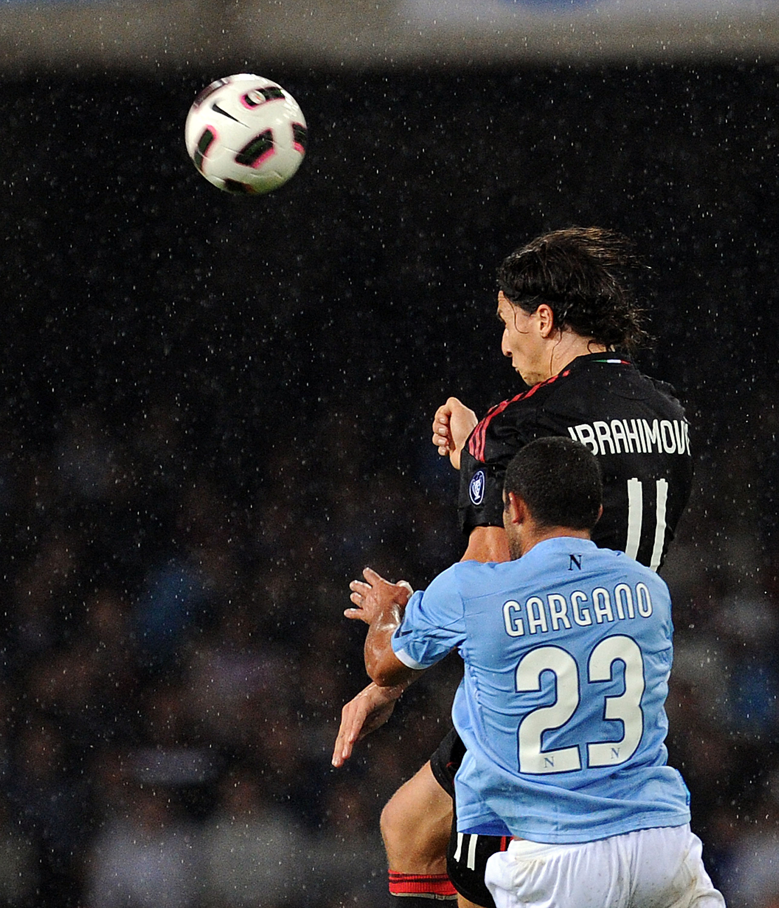 Zlatan Ibrahimovic goes up for a header, which proved to be the game winner for AC Milan.