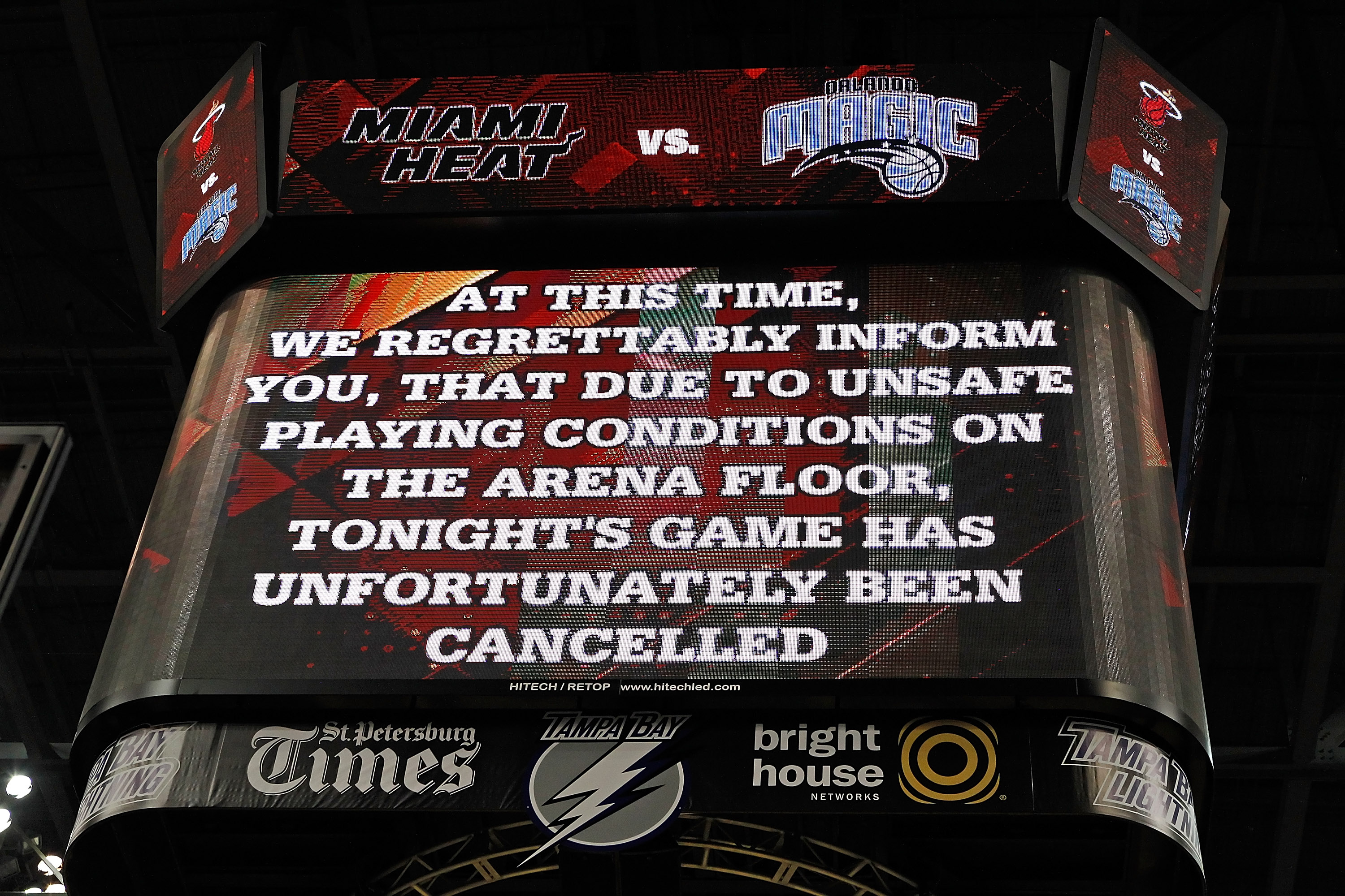 TAMPA, FL - OCTOBER 22:  The scoreboard notifying fans that the game between the Miami Heat and the Orlando Magic was cancelled at the St. Pete Times Forum on October 22, 2010 in Tampa, Florida.  NOTE TO USER: User expressly acknowledges and agrees that, 