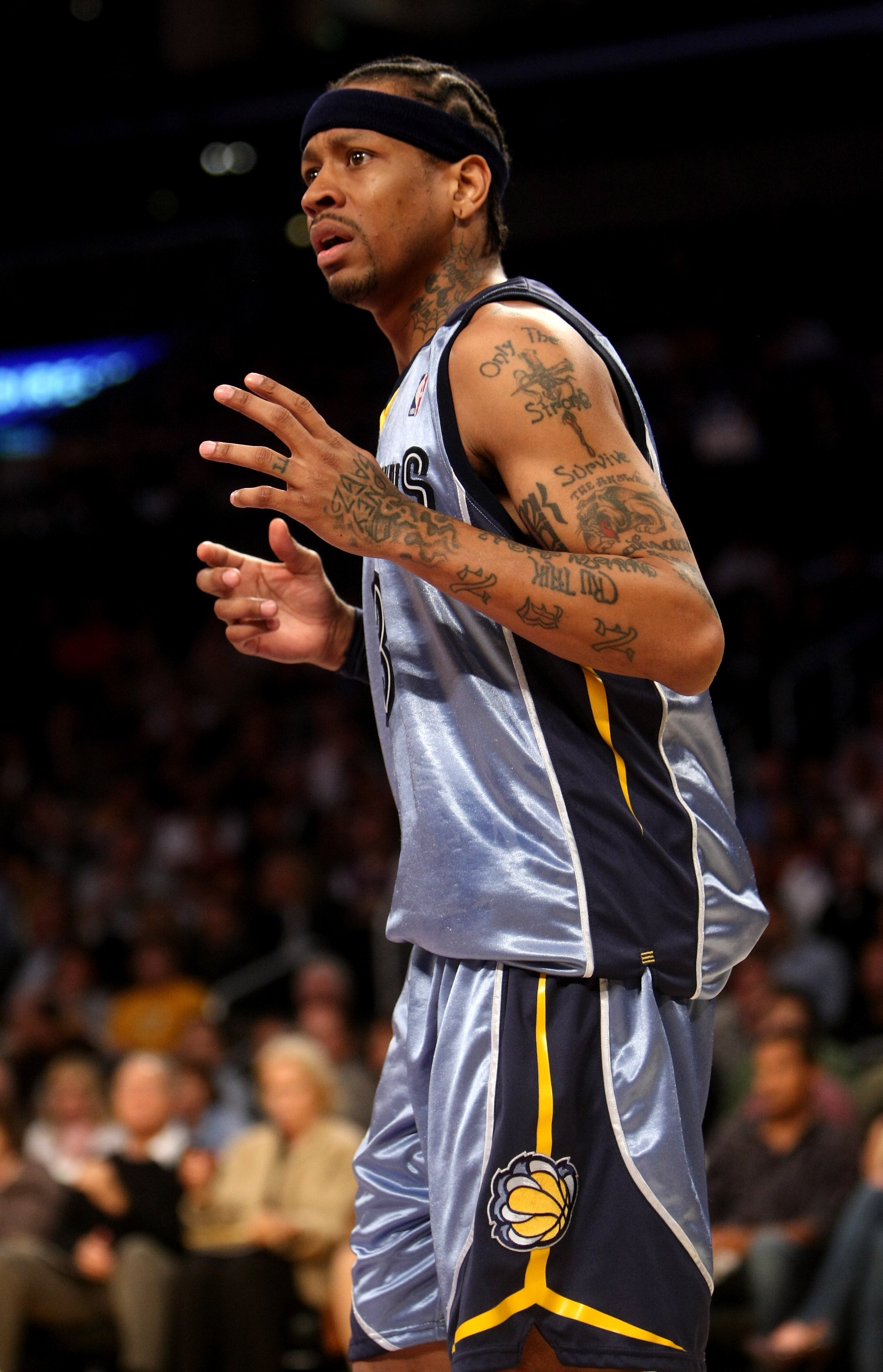 LOS ANGELES, CA - NOVEMBER 06:  Allen Iverson #3 of the Memphis Grizzlies on the court against the Los Angeles Lakers on November 6, 2009 at Staples Center in Los Angeles, California. The Lakers won 114-98. NOTE TO USER: User expressly acknowledges and ag
