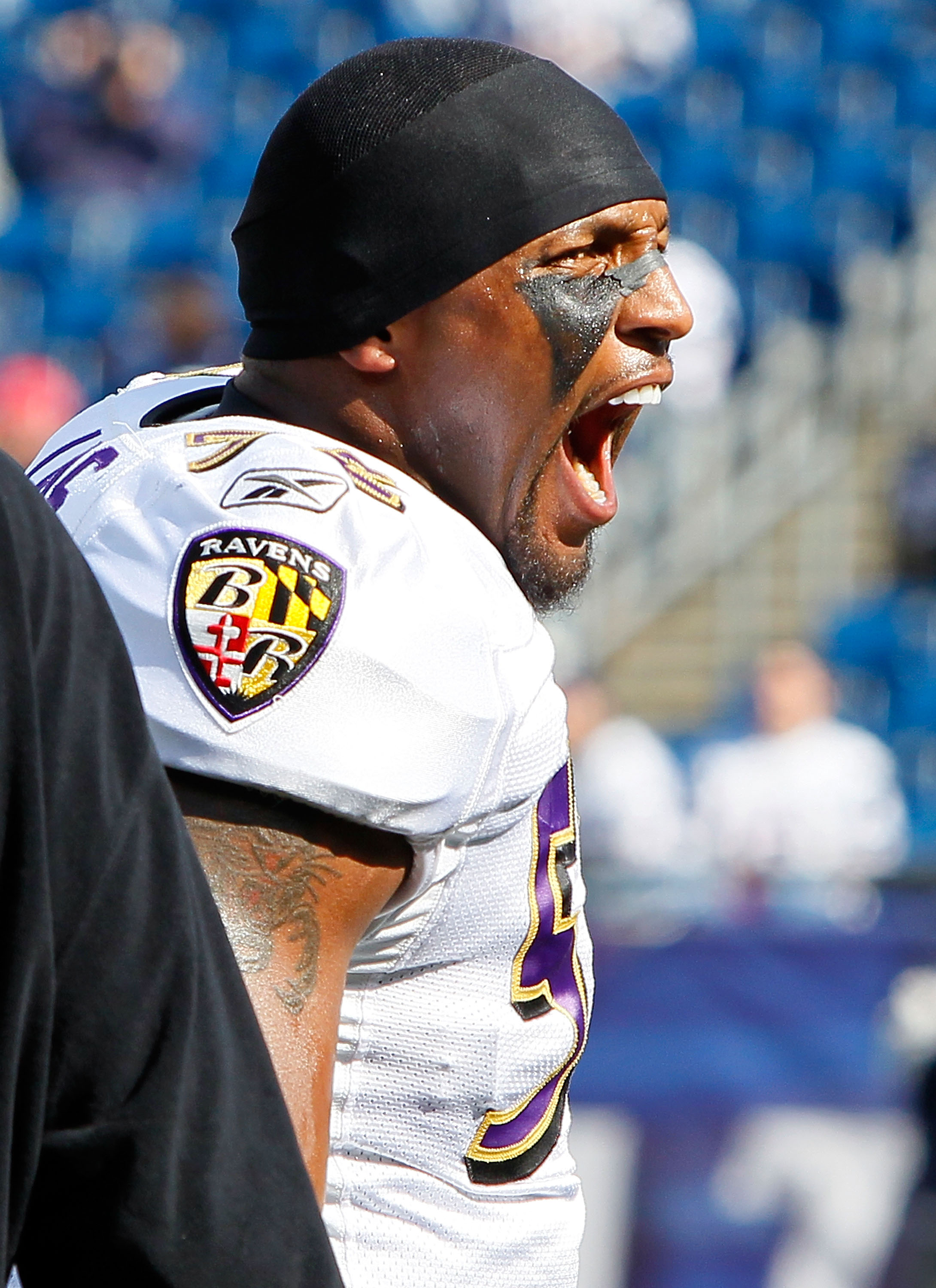 FOXBORO, MA - OCTOBER 17:  Ray Lewis #52 of the Baltimore Ravens reacts before a game with the New England Patriots at Gillette Stadium on October 17, 2010 in Foxboro, Massachusetts. (Photo by Jim Rogash/Getty Images)
