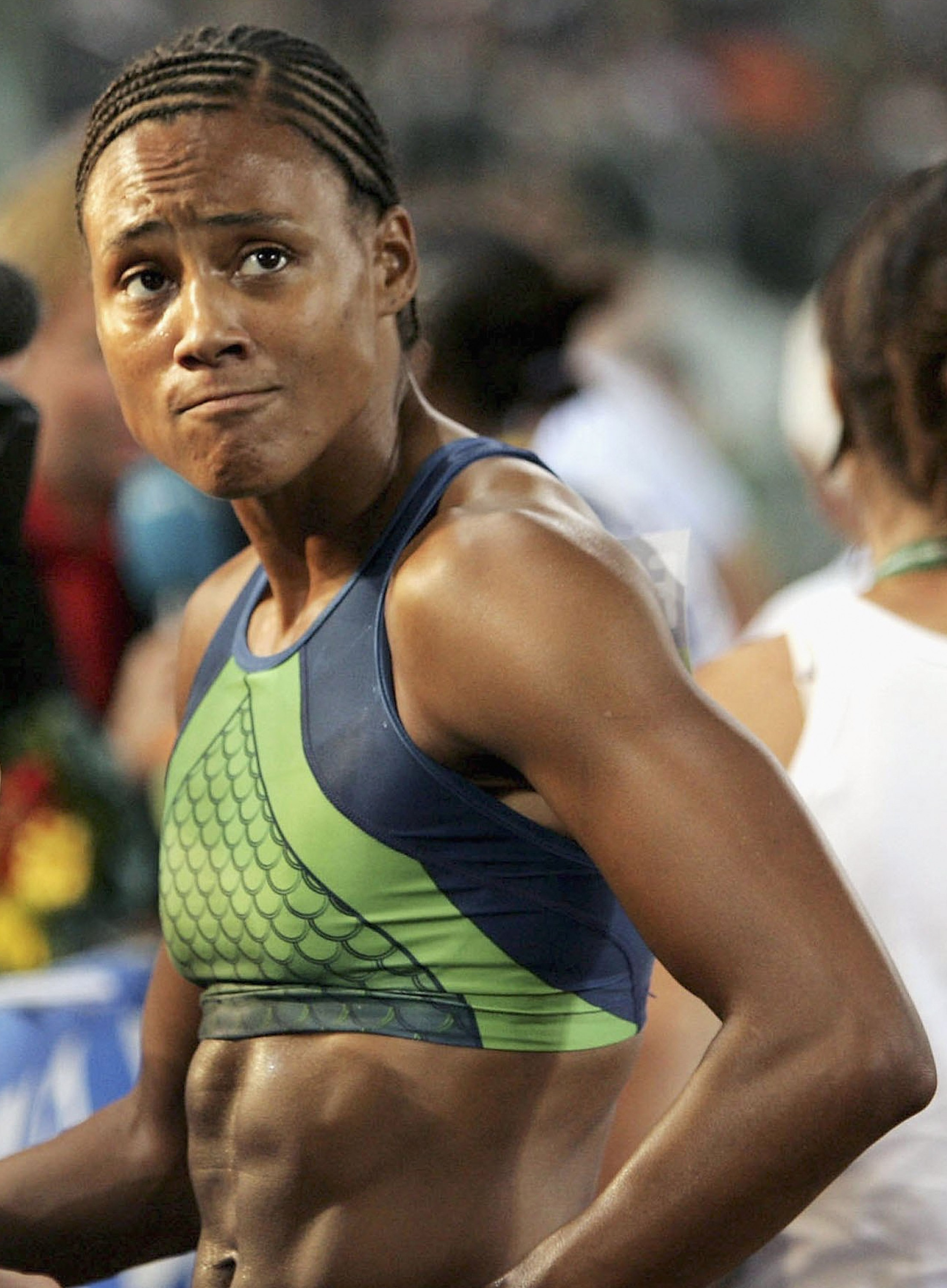 FILE:  ROME - JULY 14:  Marion Jones comes 2nd in the 100m during the IAAF Golden League meet on July 14, 2006 at the Olympic Stadium in Rome,  Italy. (Photo by John Gichigi/Getty Images)