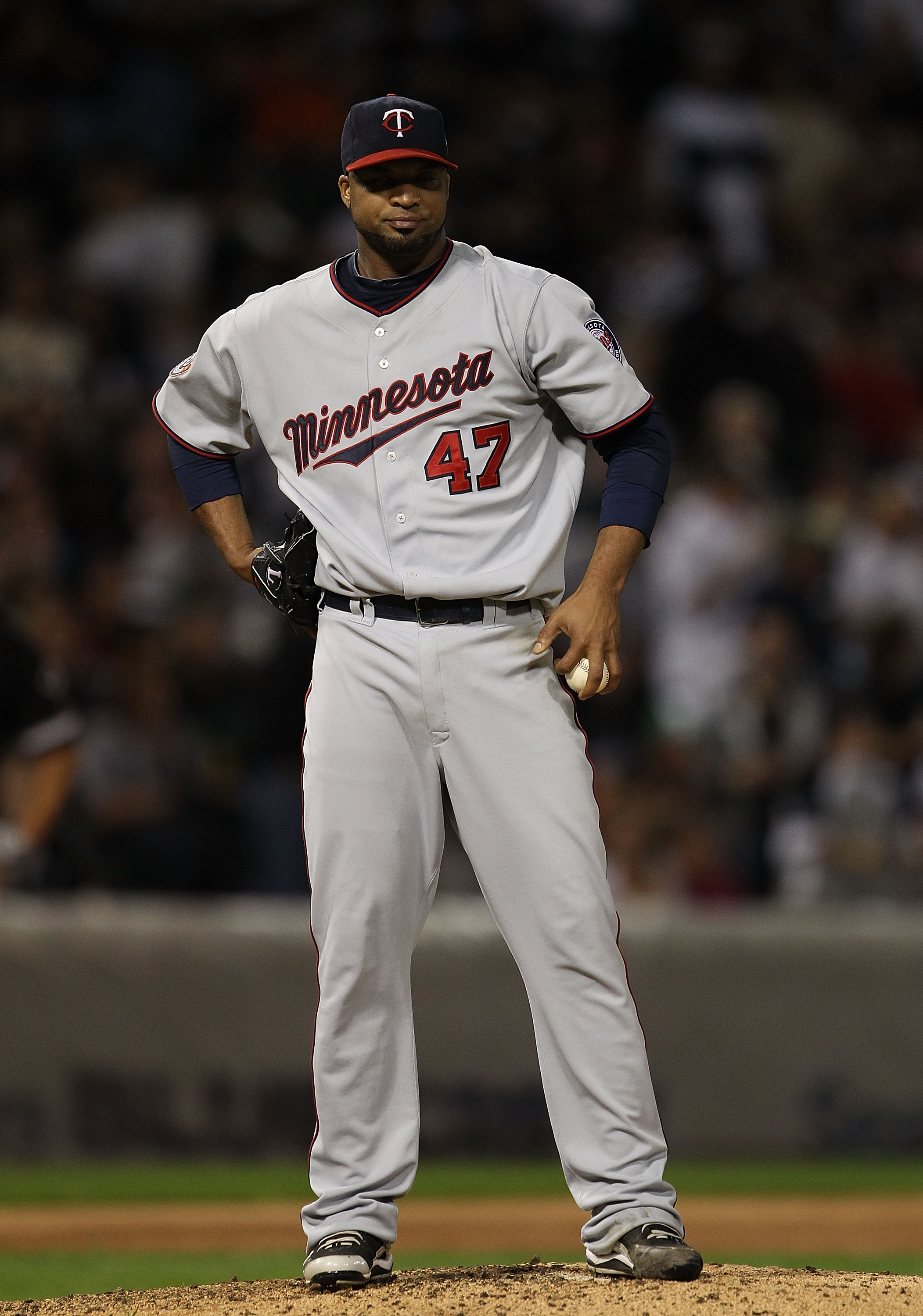CHICAGO - SEPTEMBER 14: Starting pitcher Francisco Liriano #47 of the Minnesota Twins reacts after giving up a run to the Chicago White Sox at U.S. Cellular Field on September 14, 2010 in Chicago, Illinois. (Photo by Jonathan Daniel/Getty Images)