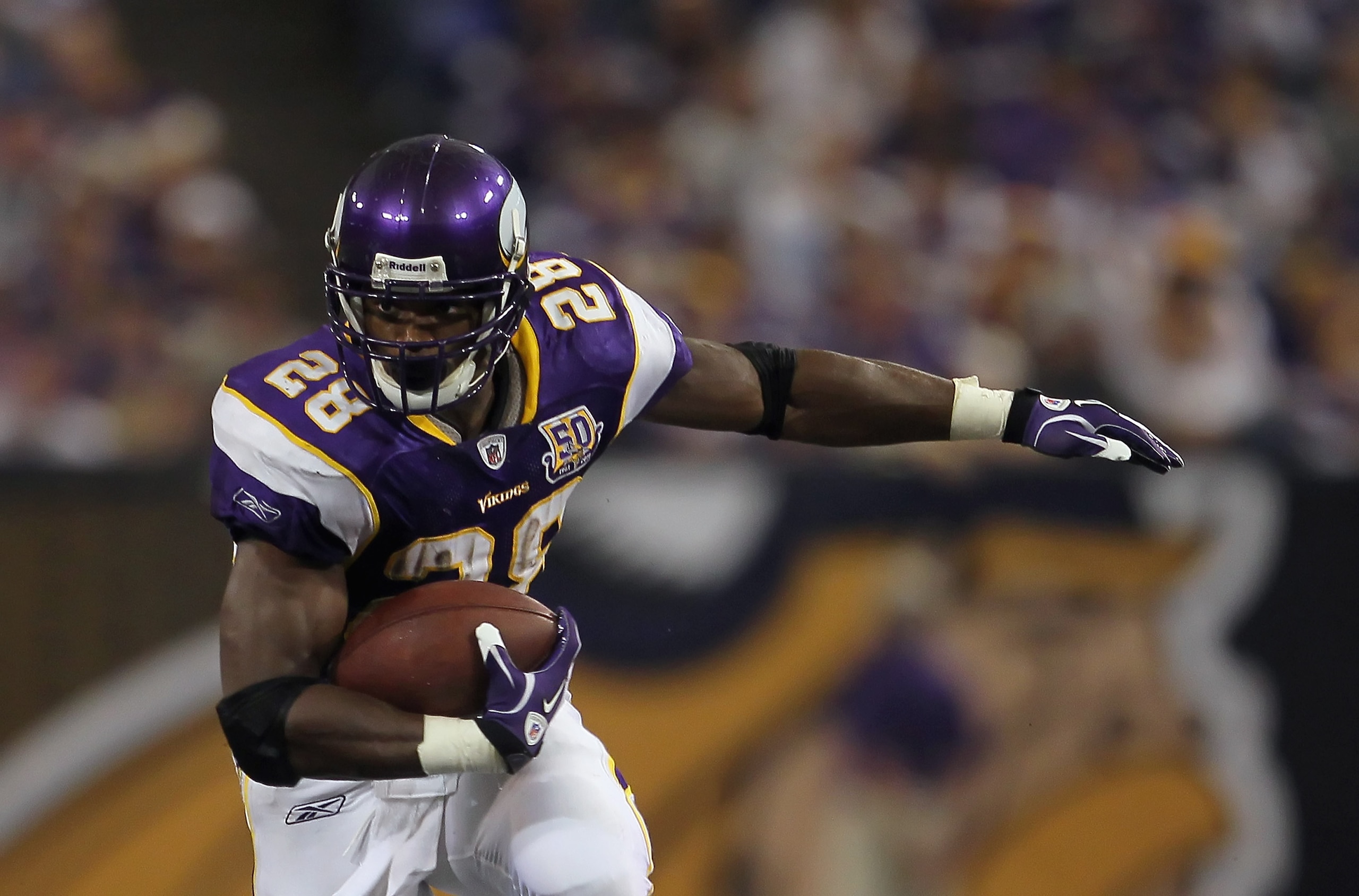 MINNEAPOLIS - SEPTEMBER 26: Running back Adrian Peterson #28 of the Minnesota Vikings carries the ball against the Detroit Lions at Mall of America Field on September 26, 2010 in Minneapolis, Minnesota. The Vikings defeated the Lions 24-10. (Photo by Je MINNEAPOLIS - SEPTEMBER 26: Running back Adrian Peterson #28 of the Minnesota Vikings carries the ball against the Detroit Lions at Mall of America Field on September 26, 2010 in Minneapolis, Minnesota. The Vikings defeated the Lions 24-10. (Photo by Je