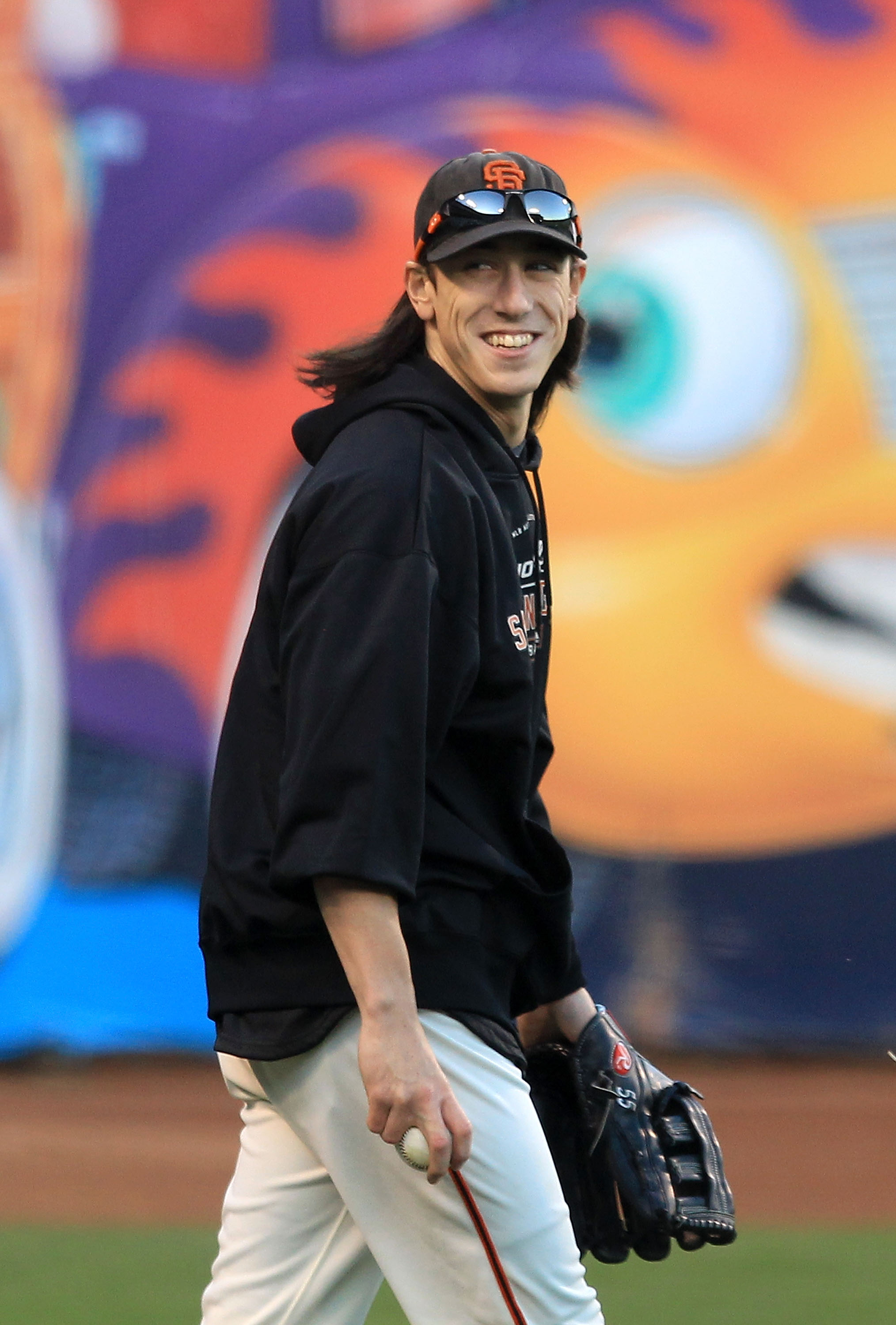 SAN FRANCISCO - OCTOBER 26:  Tim Lincecum #55 of the San Francisco Giants stands on the field during a workout session at AT&T Park on October 26, 2010 in San Francisco, California. The Texas Rangers will face off against the San Francisco Giants in Game
