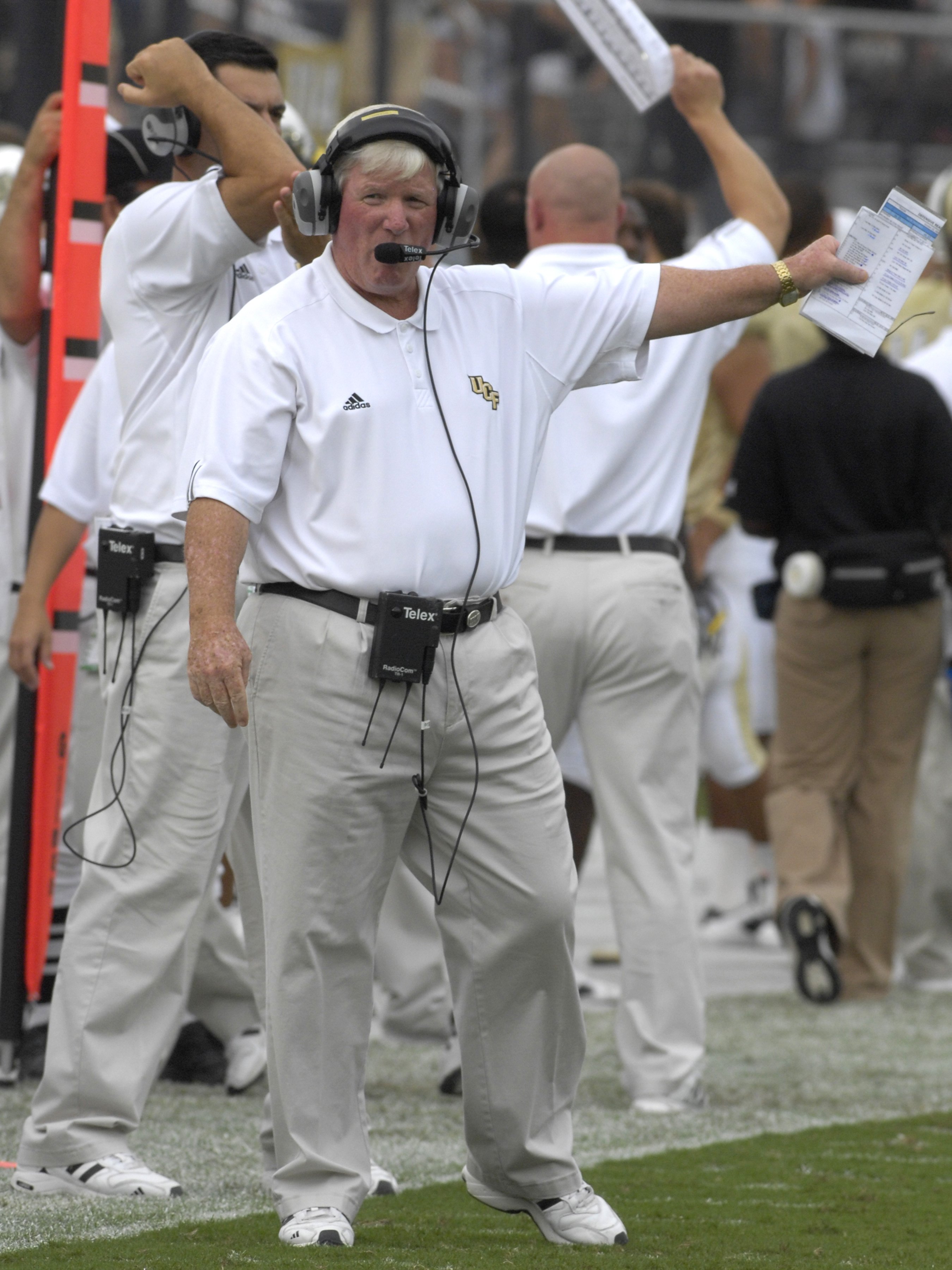 ORLANDO, FL - OCTOBER 20: Coach George O'Leary of the University of Central Florida Golden Knights directs play against the Tulsa Golden Hurricane at Bright House Stadium on October 20, 2007 in Orlando, Florida. UCF won 44 - 23. (Photo by Al Messerschmid
