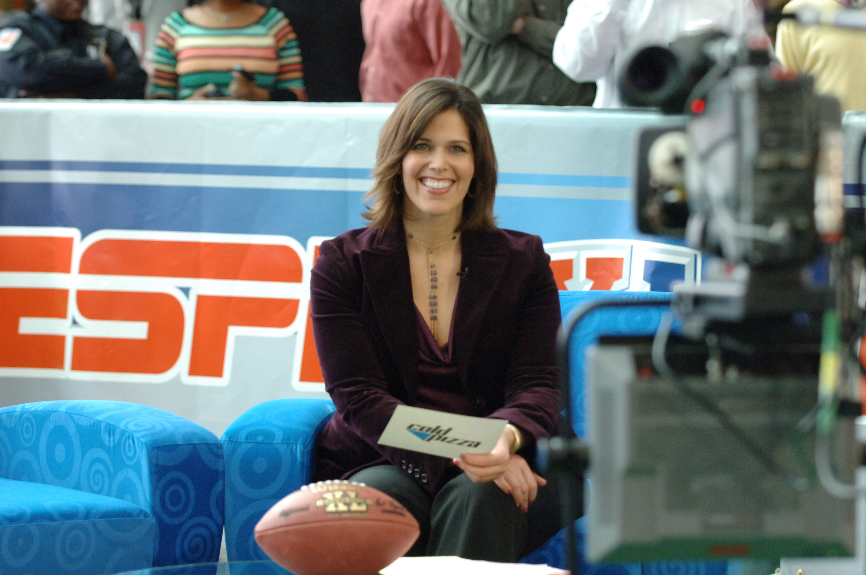 Dana Jacobson during a broadcast of ESPN's Cold Pizza from the Super Bowl XL Media Center at the Renaissance Center in Detroit, Michigan on January 30, 2006.  (Photo by Al Messerschmidt/Getty Images)