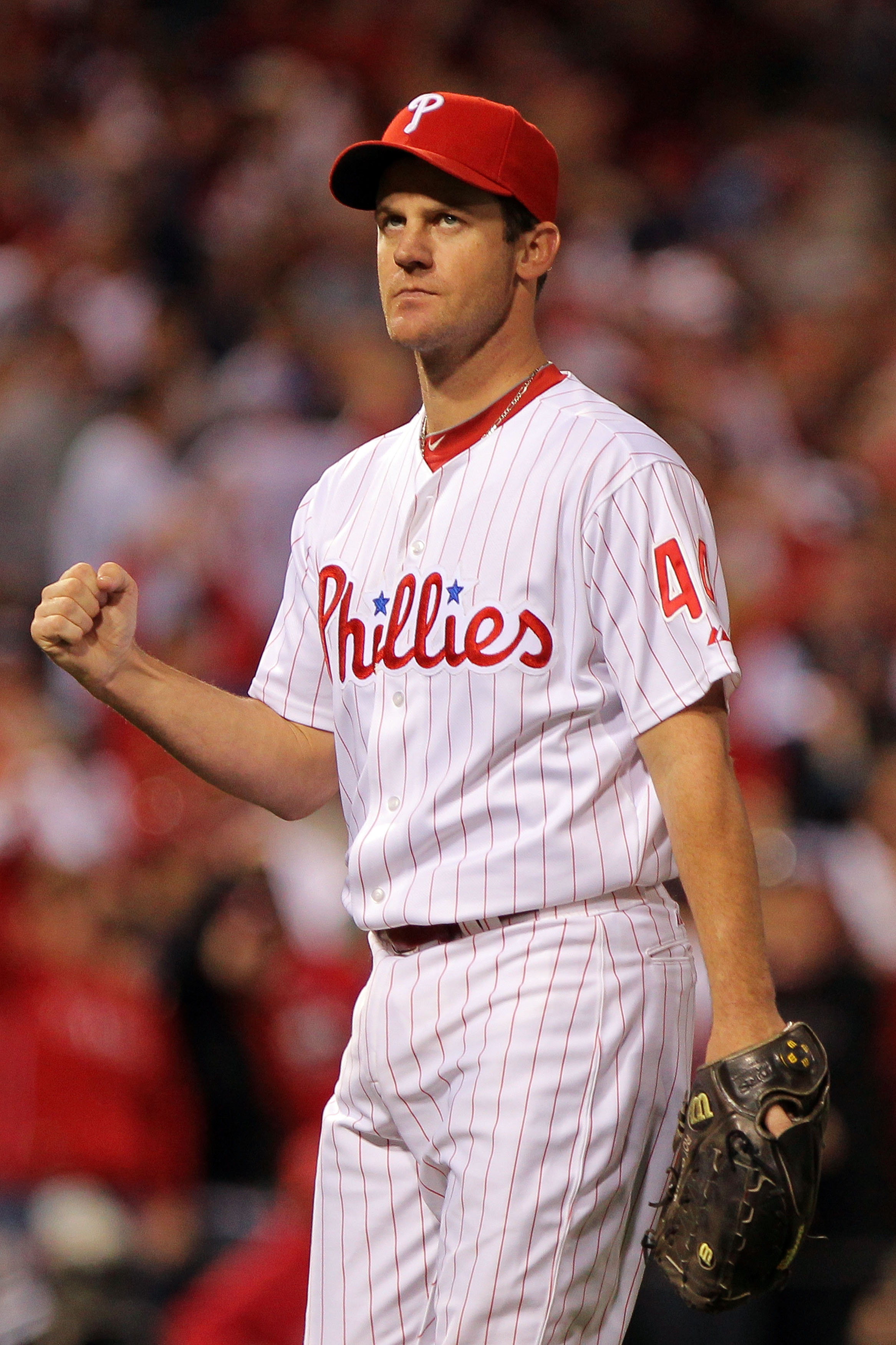 PHILADELPHIA - OCTOBER 23:  Roy Oswalt #44 of the Philadelphia Phillies celebrates after ending the sixth inning against the San Francisco Giants in Game Six of the NLCS during the 2010 MLB Playoffs at Citizens Bank Park on October 23, 2010 in Philadelphi