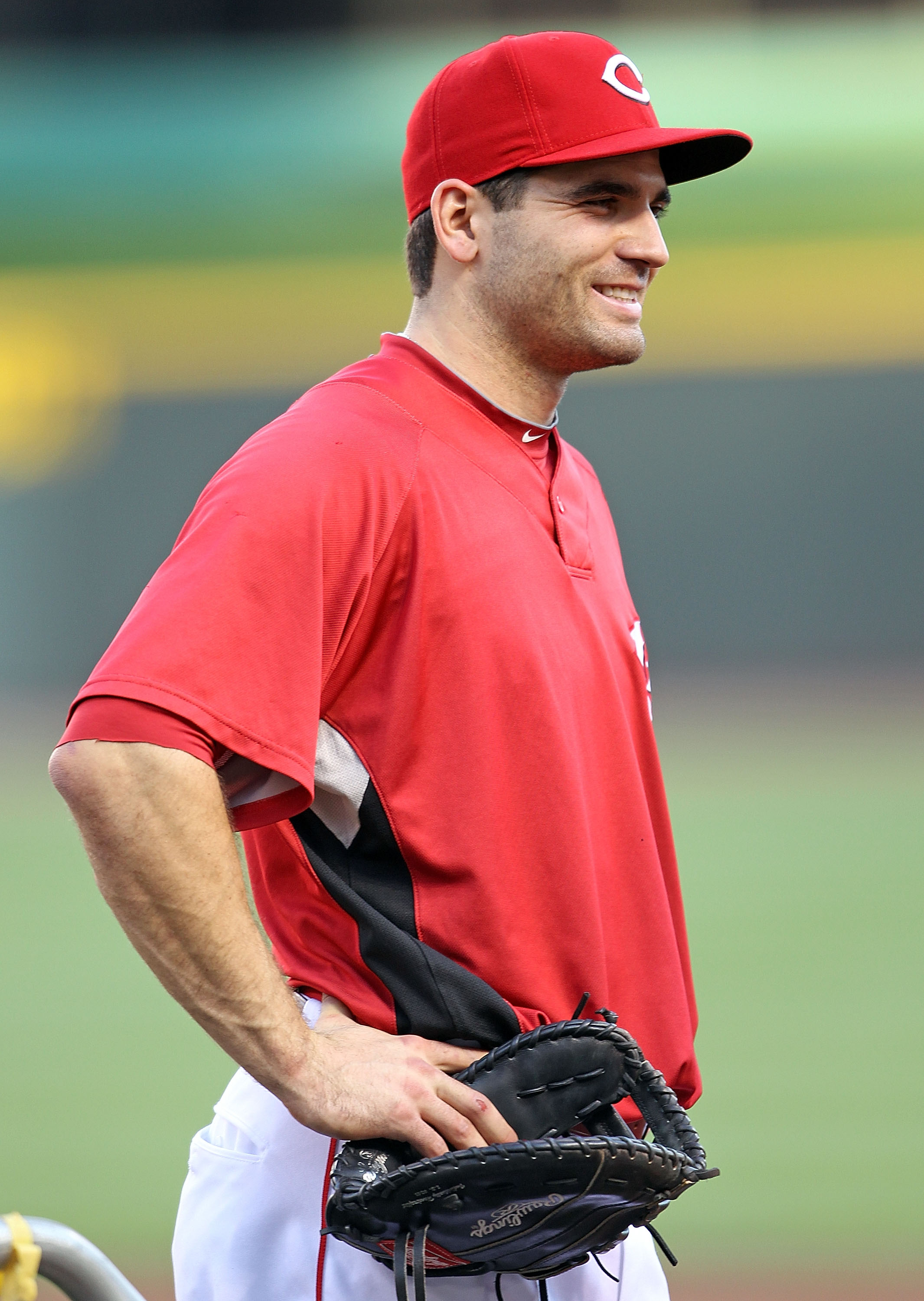 CINCINNATI - OCTOBER 10:  Joey Votto #19 of the Cincinnati Reds participates in batting practice before the start of  Game 3 of the NLDS against the Philadelphia Phillies  at Great American Ball Park on October 10, 2010 in Cincinnati, Ohio.  (Photo by And