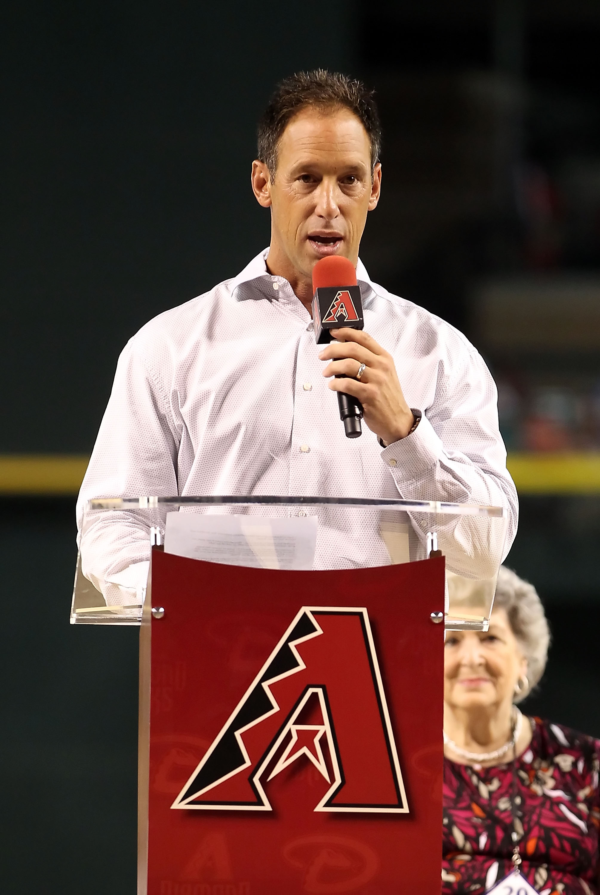 PHOENIX - AUGUST 07:  Luis Gonzalez speaks during his number retirement ceremony before the Major League Baseball game between the San Diego Padres and the Arizona Diamondbacks at Chase Field on August 7, 2010 in Phoenix, Arizona.  (Photo by Christian Pet