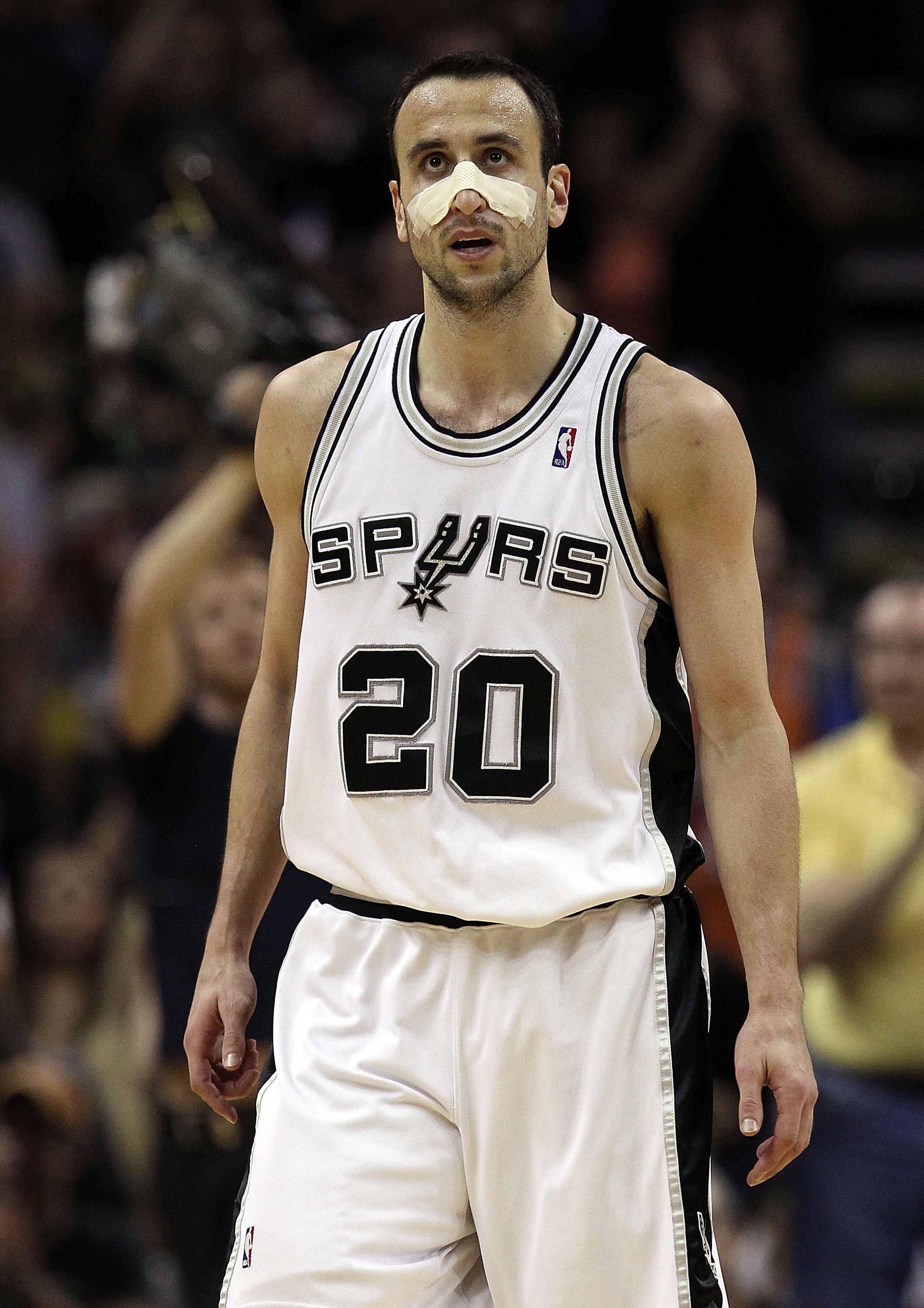 SAN ANTONIO - MAY 09:  Guard Manu Ginobili #20 of the San Antonio Spurs in Game Four of the Western Conference Semifinals during the 2010 NBA Playoffs at AT&T Center on May 9, 2010 in San Antonio, Texas. NOTE TO USER: User expressly acknowledges and agree