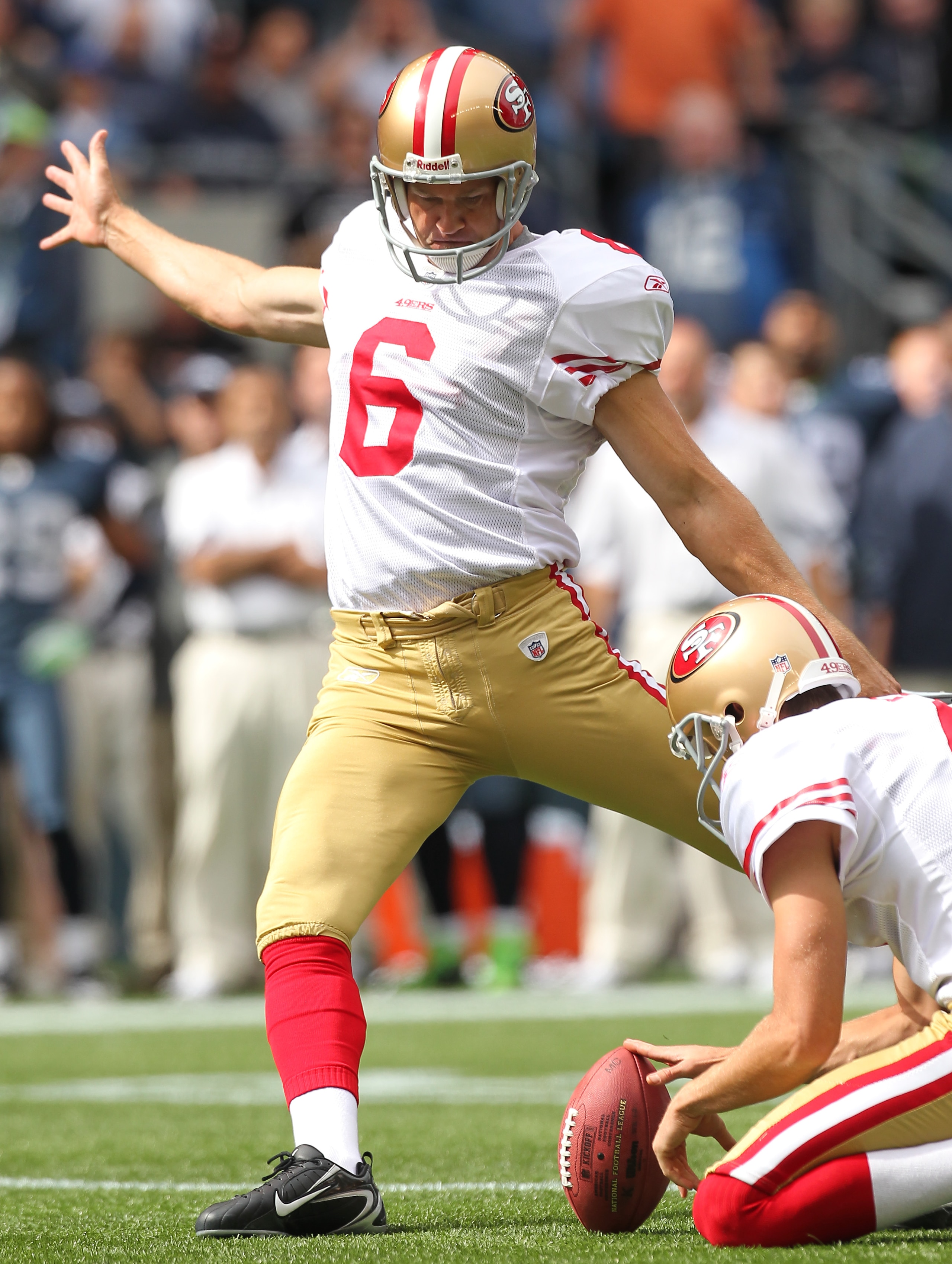 SEATTLE - SEPTEMBER 12: Joe Nedney #6 of the San Francisco 49ers kicks a field goal during the NFL season opener against the Seattle Seahawks at Qwest Field on September 12, 2010 in Seattle, Washington. (Photo by Otto Greule Jr/Getty Images) SEATTLE - SEPTEMBER 12: Joe Nedney #6 of the San Francisco 49ers kicks a field goal during the NFL season opener against the Seattle Seahawks at Qwest Field on September 12, 2010 in Seattle, Washington. (Photo by Otto Greule Jr/Getty Images)