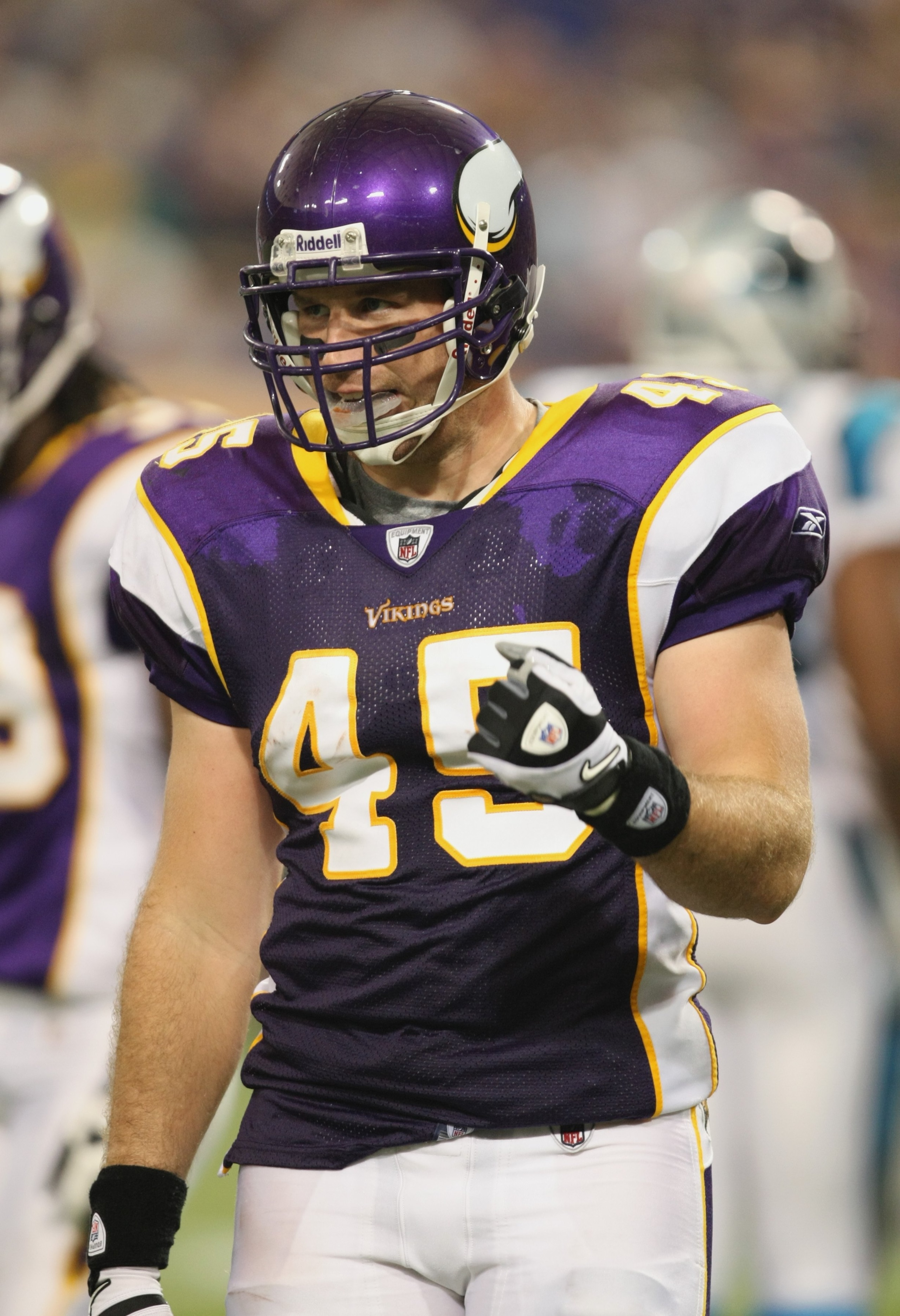 MINNEAPOLIS - SEPTEMBER 21: Garrett Mills #45 of the Minnesota Vikings looks on against the Carolina Panthers during their NFL game at the Hubert H. Humphrey Metrodome on September 21, 2008 in Minneapolis, Minnesota. The Vikings defeated the Panthers 20- MINNEAPOLIS - SEPTEMBER 21: Garrett Mills #45 of the Minnesota Vikings looks on against the Carolina Panthers during their NFL game at the Hubert H. Humphrey Metrodome on September 21, 2008 in Minneapolis, Minnesota. The Vikings defeated the Panthers 20-
