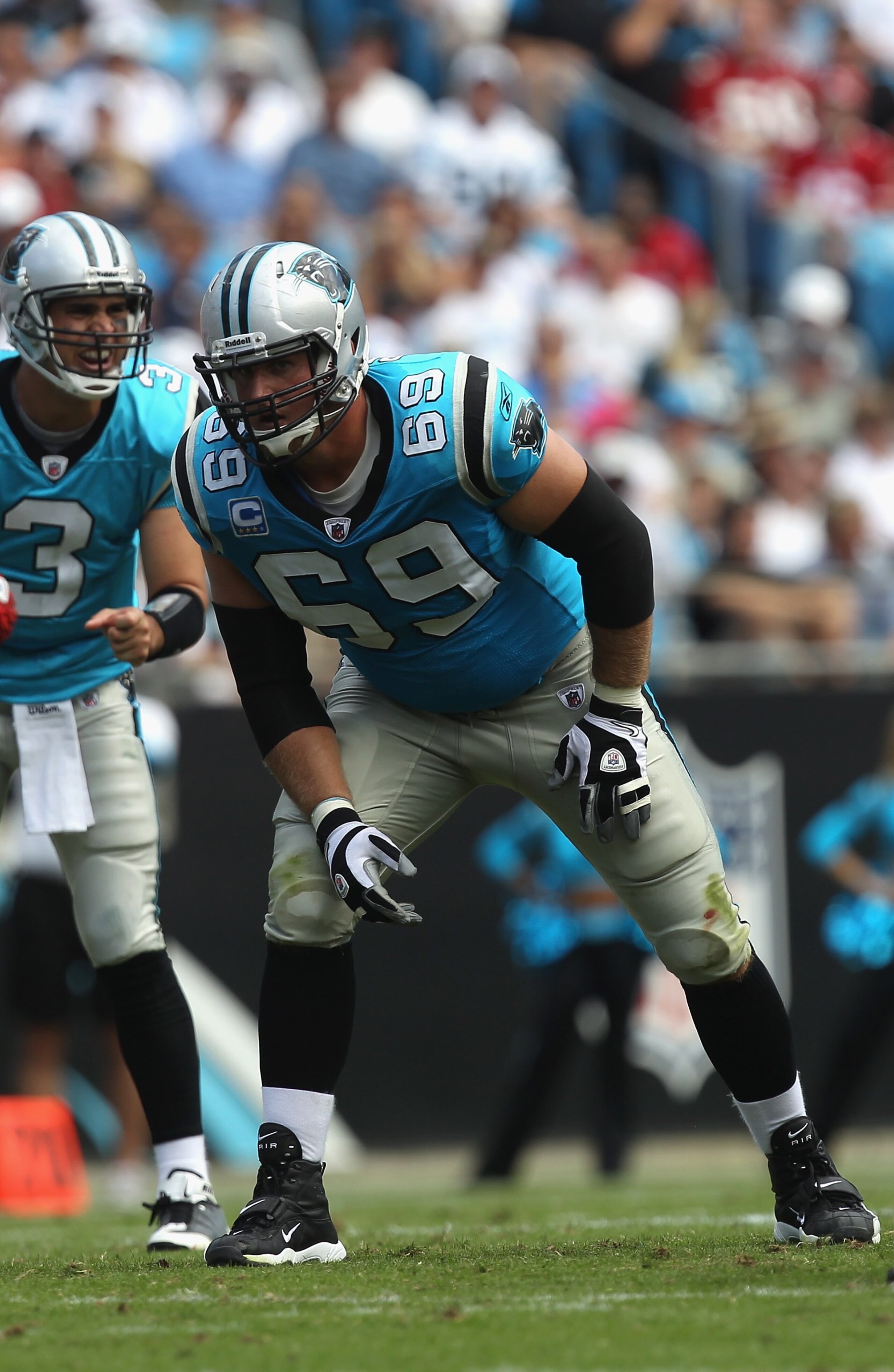 CHARLOTTE, NC - OCTOBER 24: Jordan Gross #69 of the Carolina Panthers against the San Francisco 49ers during their game at Bank of America Stadium on October 24, 2010 in Charlotte, North Carolina. (Photo by Streeter Lecka/Getty Images) CHARLOTTE, NC - OCTOBER 24: Jordan Gross #69 of the Carolina Panthers against the San Francisco 49ers during their game at Bank of America Stadium on October 24, 2010 in Charlotte, North Carolina. (Photo by Streeter Lecka/Getty Images)