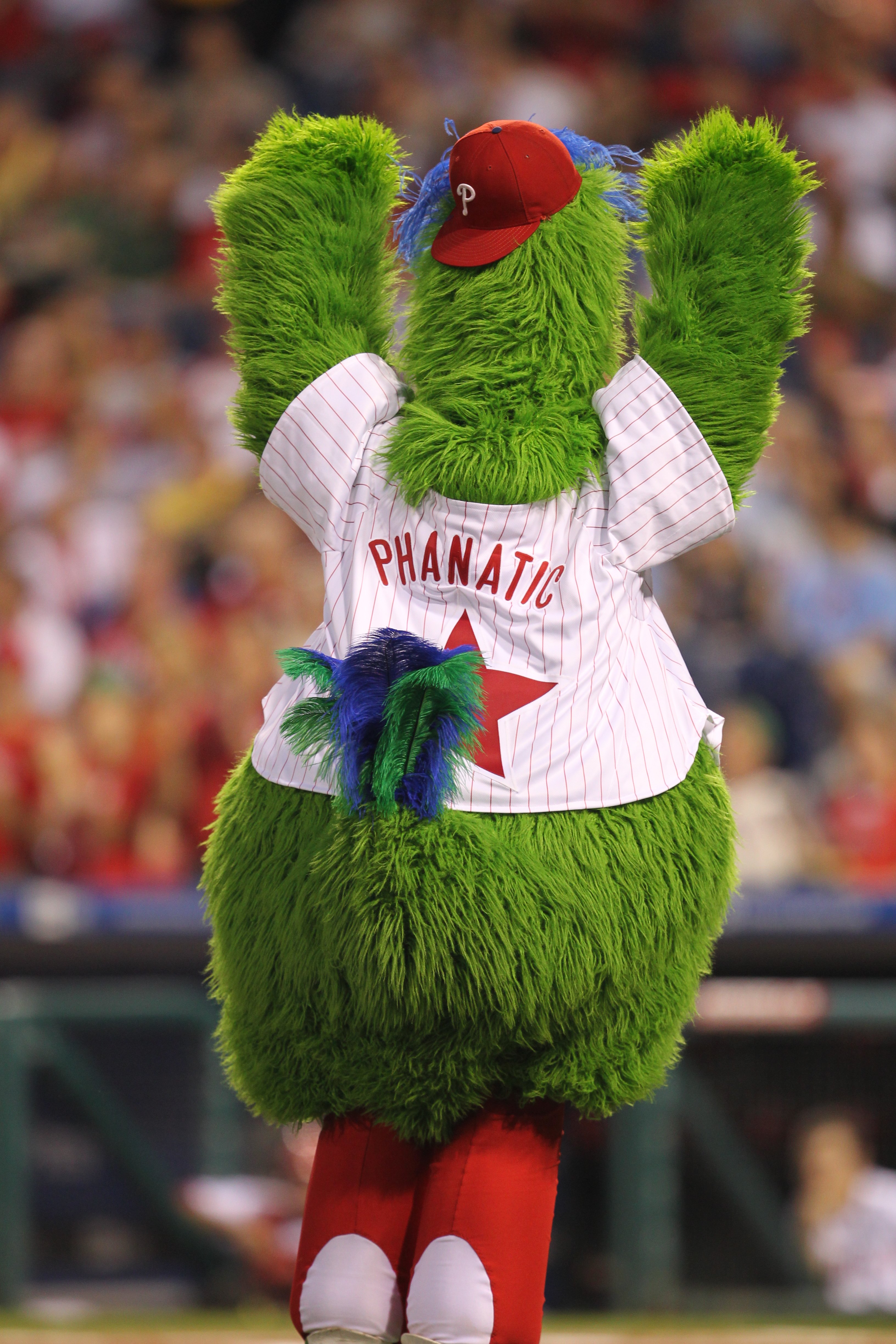 PHILADELPHIA - MAY 2: The Phillie Phanatic performs during the game between the New York Mets and the Philadelphia Phillies at Citizens Bank Park on May 2, 2010 in Philadelphia, Pennsylvania. The Phillies won 11-5. (Photo by Hunter Martin/Getty Images)