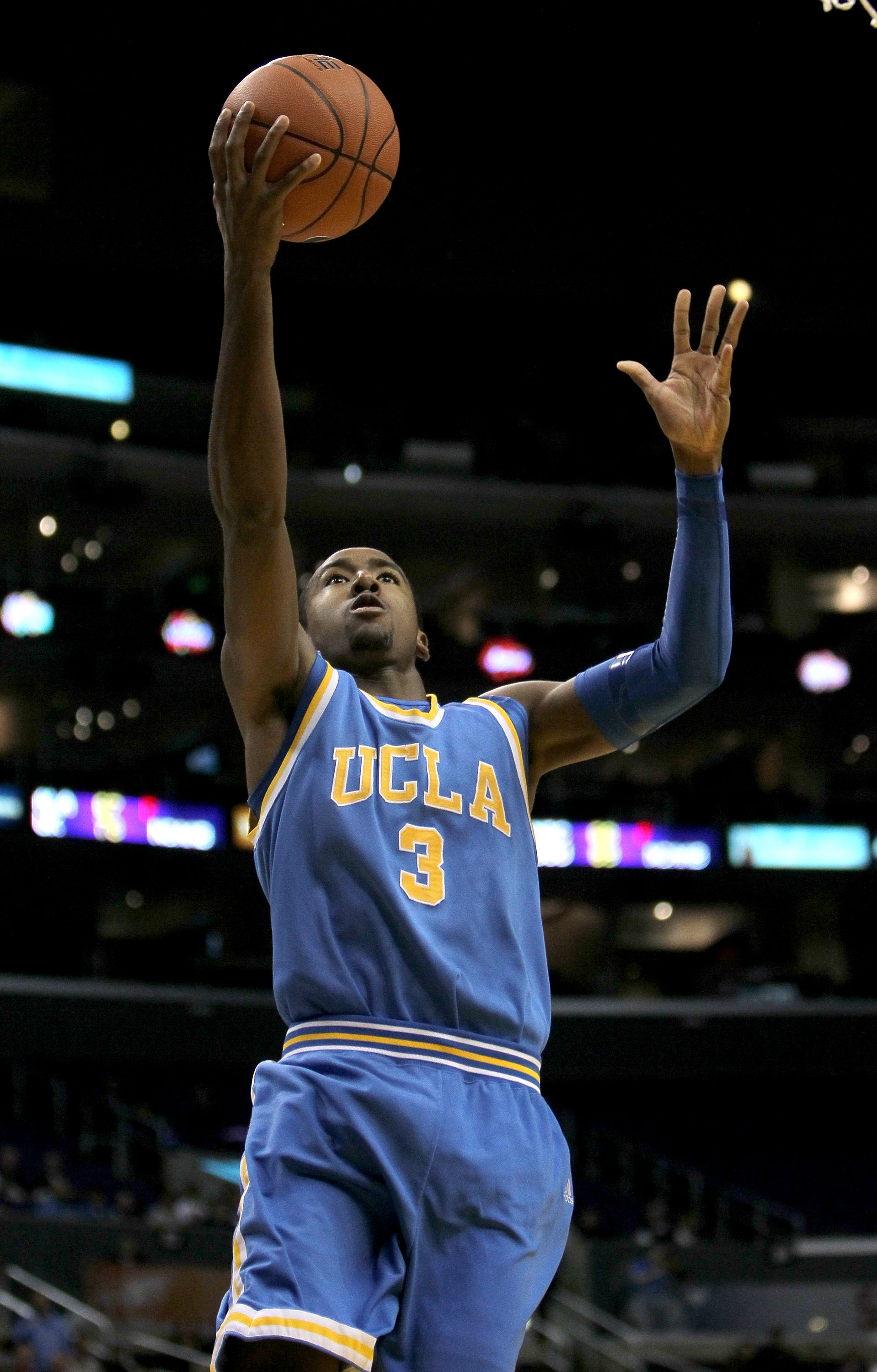 LOS ANGELES, CA - MARCH 12: Malcolm Lee #3 of the UCLA Bruins shoots against the California Golden Bears during the semifinals of the Pac-10 Basketball Tournament at Staples Center on March 12, 2010 in Los Angeles, California. (Photo by Stephen Dunn/Ge