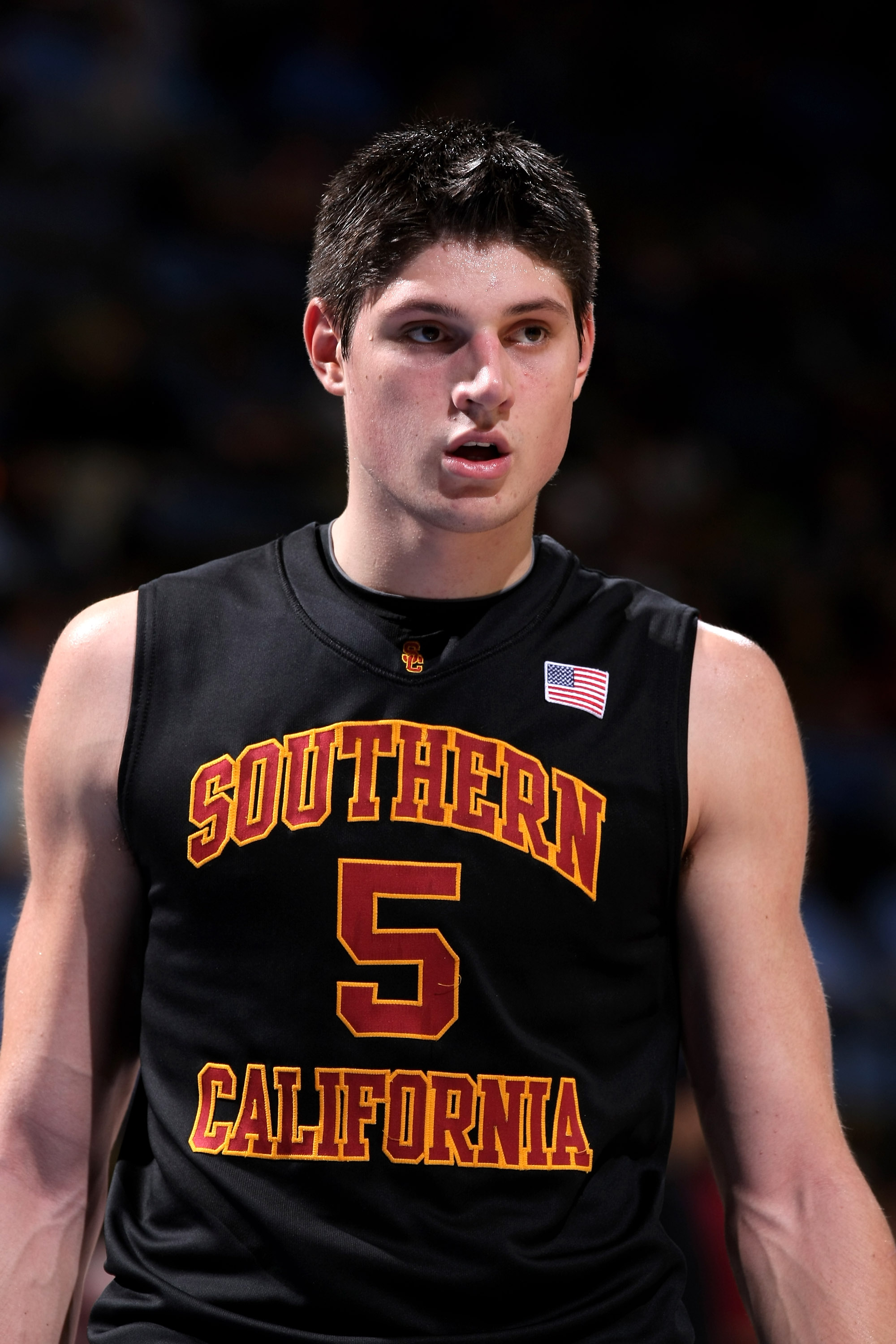 WESTWOOD, CA - JANUARY 16: Nikola Vucevic #5 of the USC Trojans on the court in the game against the UCLA Bruins on January 16, 2010 at Pauley Pavillion in Westwood, California. USC won 67-46. (Photo by Stephen Dunn/Getty Images)