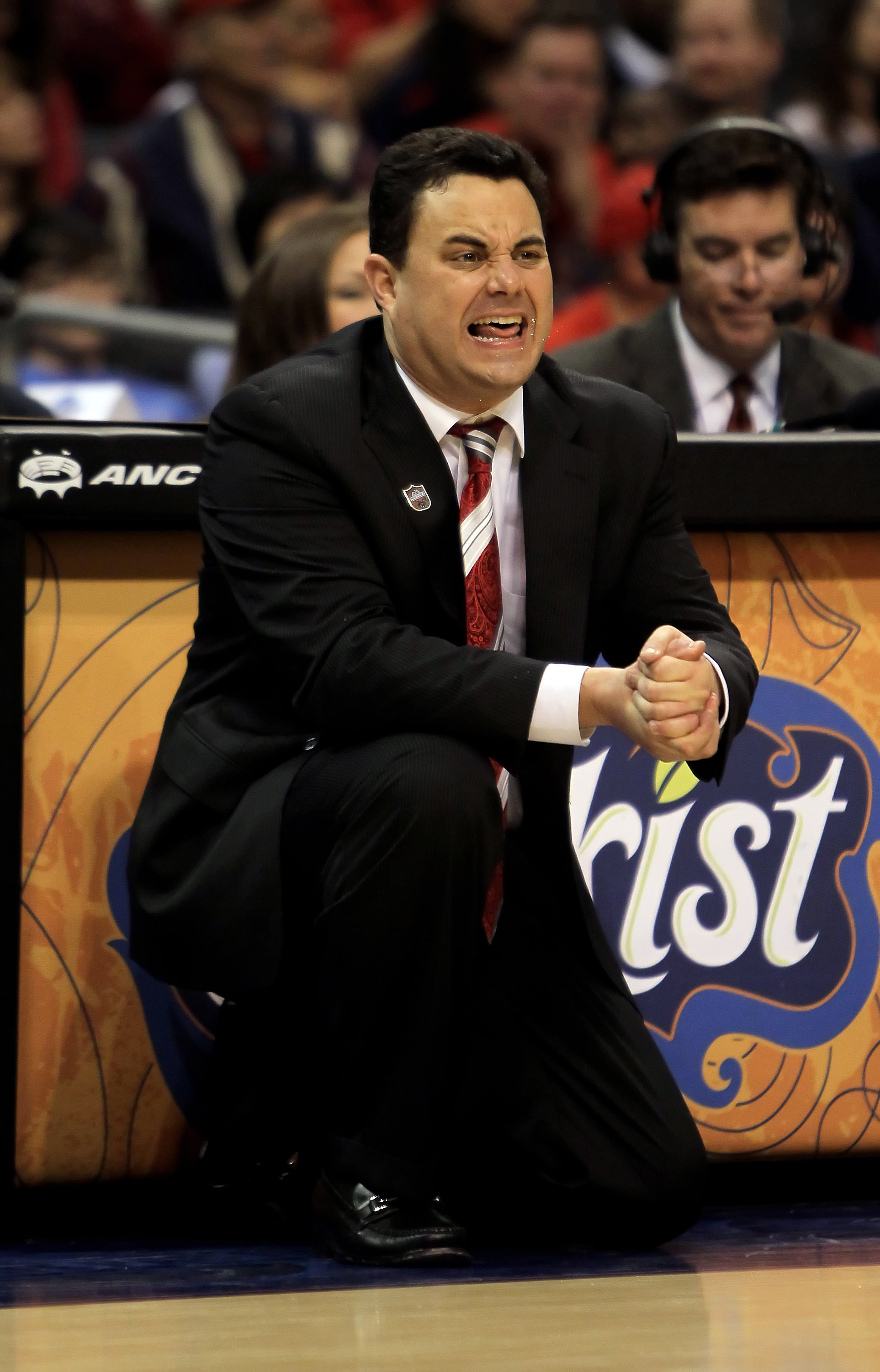 LOS ANGELES, CA - MARCH 11: Arizona Wildcats head coach Sean Miller calls out a play against the UCLA Bruins during the Quarterfinals of the Pac-10 Basketball Tournament at Staples Center on March 11, 2010 in Los Angeles, California. UCLA defeated Arizon