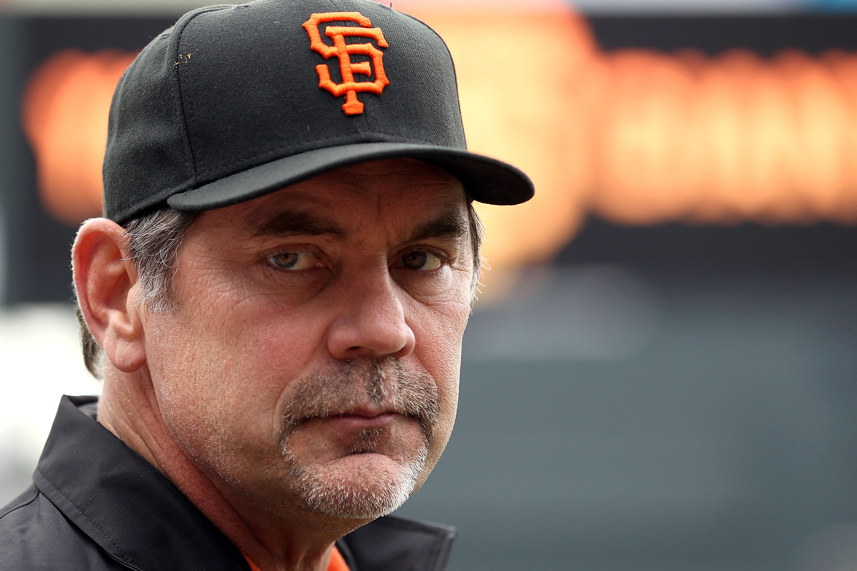 SAN FRANCISCO - OCTOBER 28:  Manager Bruce Bochy of the San Francisco Giants looks on during batting practice before Game Two of the 2010 MLB World Series against the Texas Rangers at AT&T Park on October 28, 2010 in San Francisco, California.  (Photo by 