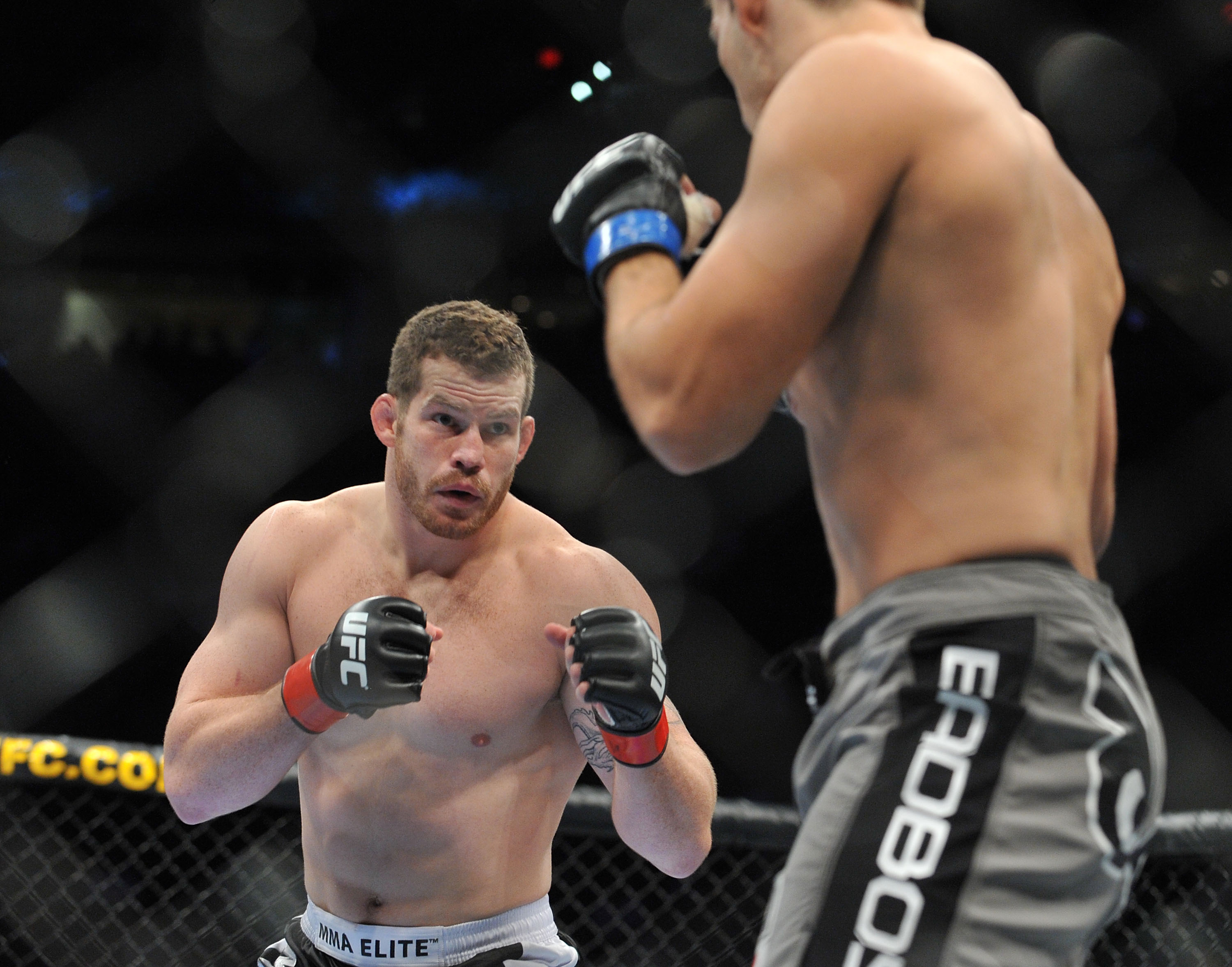 PORTLAND, OR - AUGUST 29:  UFC fighter Nate Marquardt (L) battles UFC fighter Demian Maia (R) during their Middleweight bout at UFC 102:  Couture vs. Nogueira at the Rose Garden Arena on August 29, 2009 in Portland, Oregon.  (Photo by Jon Kopaloff/Getty I