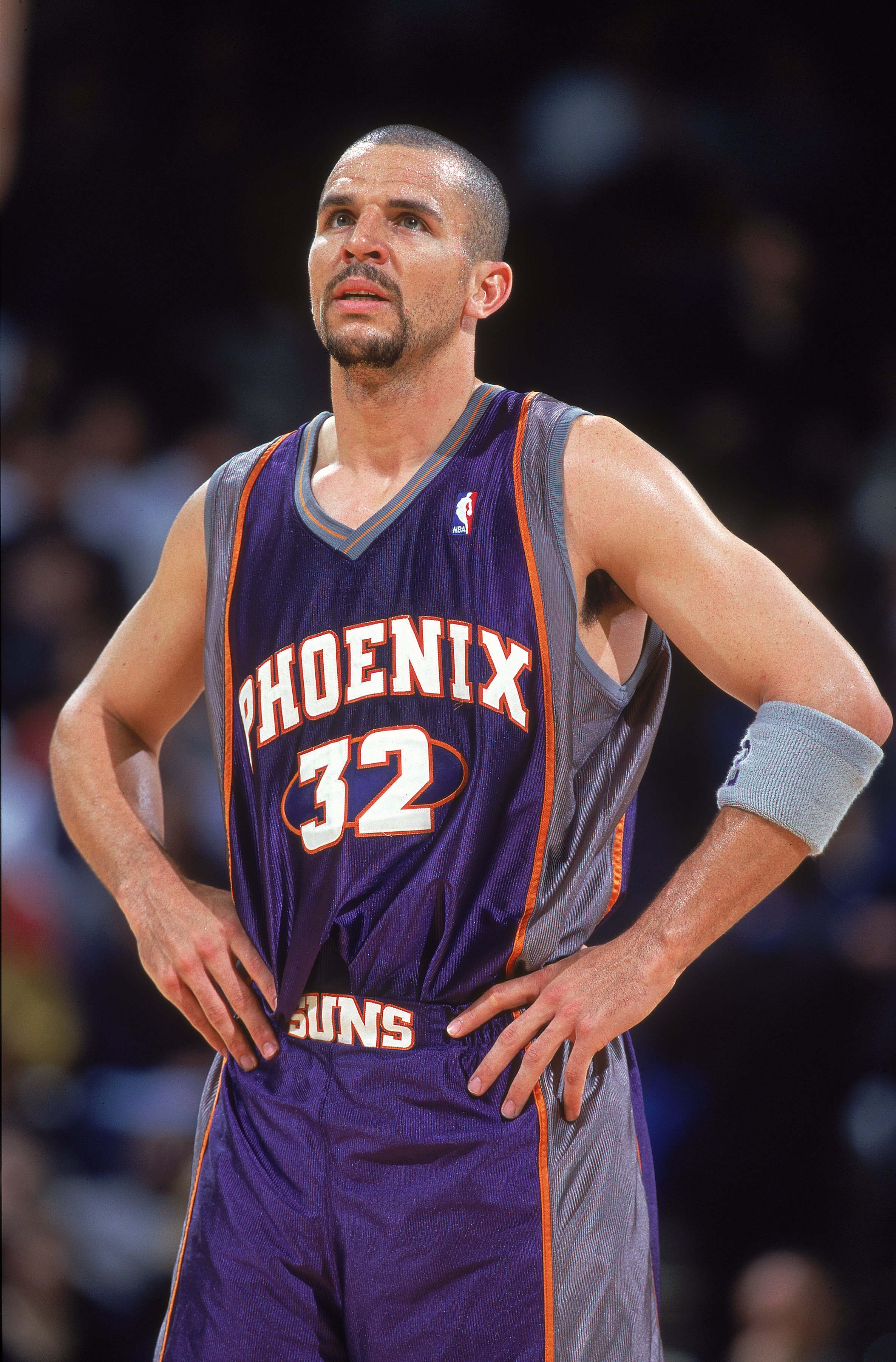 13 Feb 2001:  Jason Kidd #32 of the Phoenix Suns takes a break during the game against the Golden State Warriors at The Arena in Oakland, California. The Suns defeated the Warriors 93-83.  NOTE TO USER: It is expressly understood that the only rights Alls