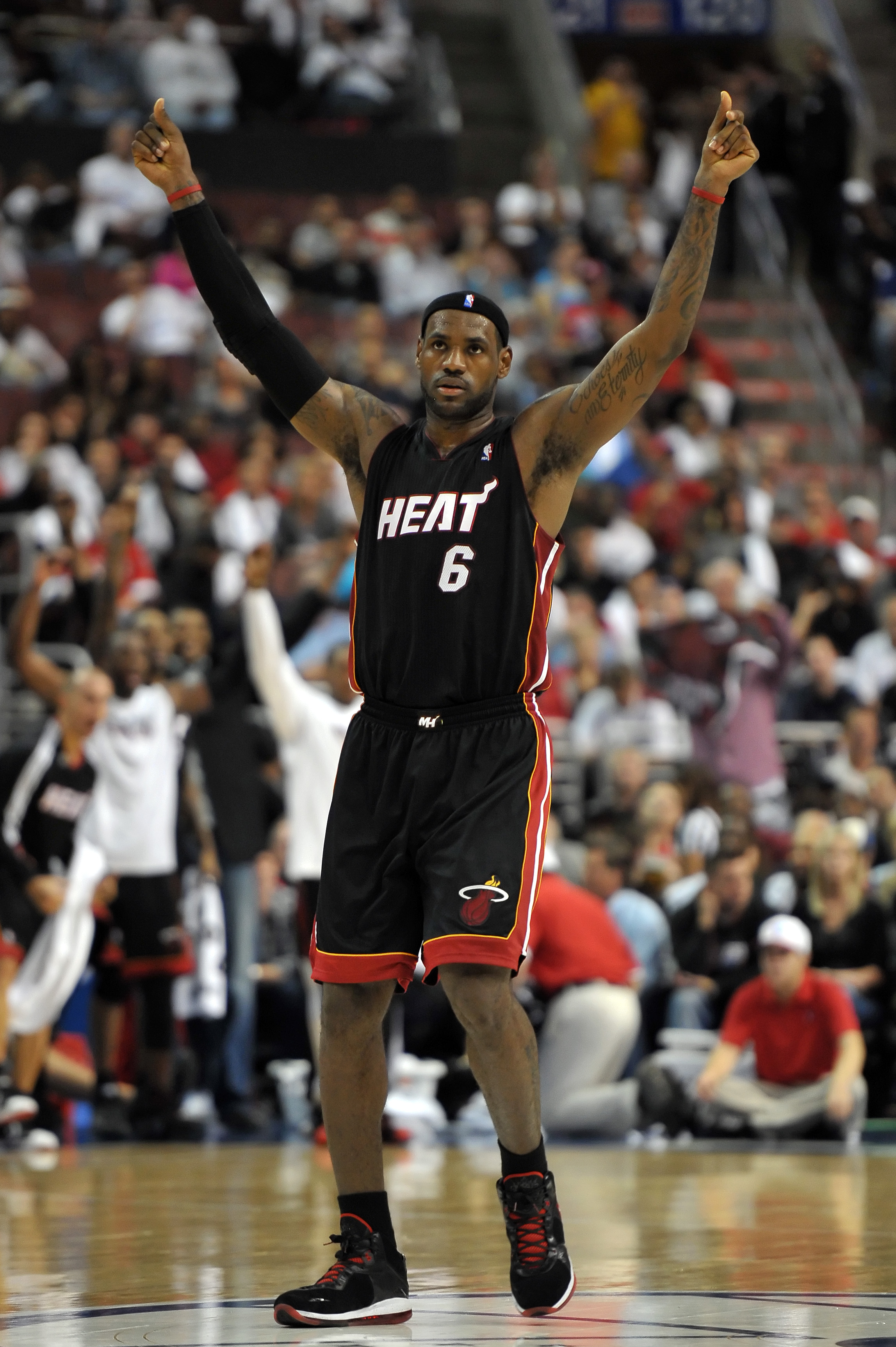 PHILADELPHIA - OCTOBER 27: LeBron James #6 of the Miami Heat raises his arms after scoring during the game against the Philadelphia 76ers at the Wells Fargo Center on October 27, 2010 in Philadelphia, Pennsylvania. NOTE TO USER: User expressly acknowledg