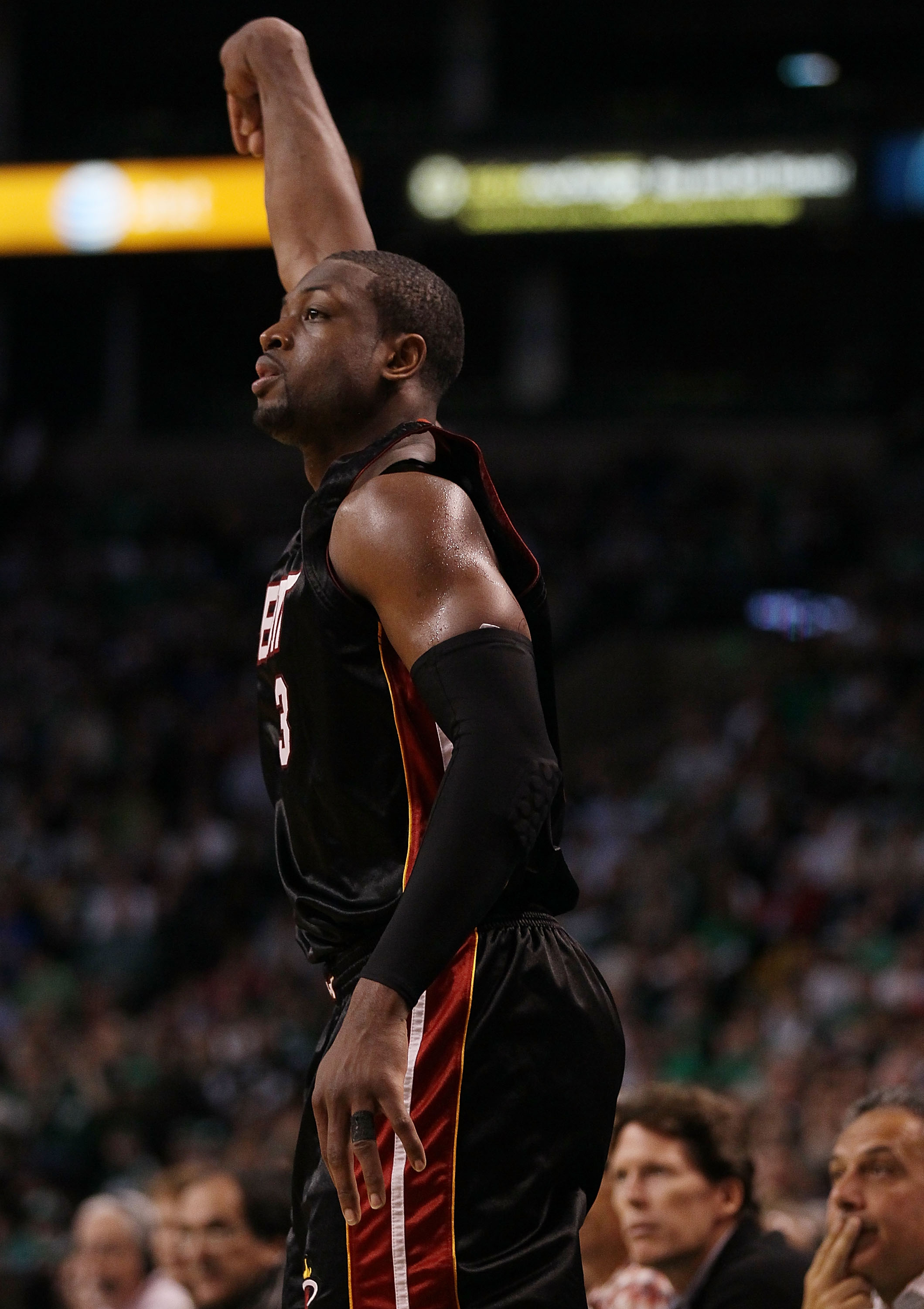 BOSTON - APRIL 27:  Dwyane Wade #3 of the Miami Heat watches his three point shot in the second half against the Boston Celtics during Game Five of the Eastern Conference Quarterfinals of the 2010 NBA playoffs at the TD Garden on April 27, 2010 in Boston,