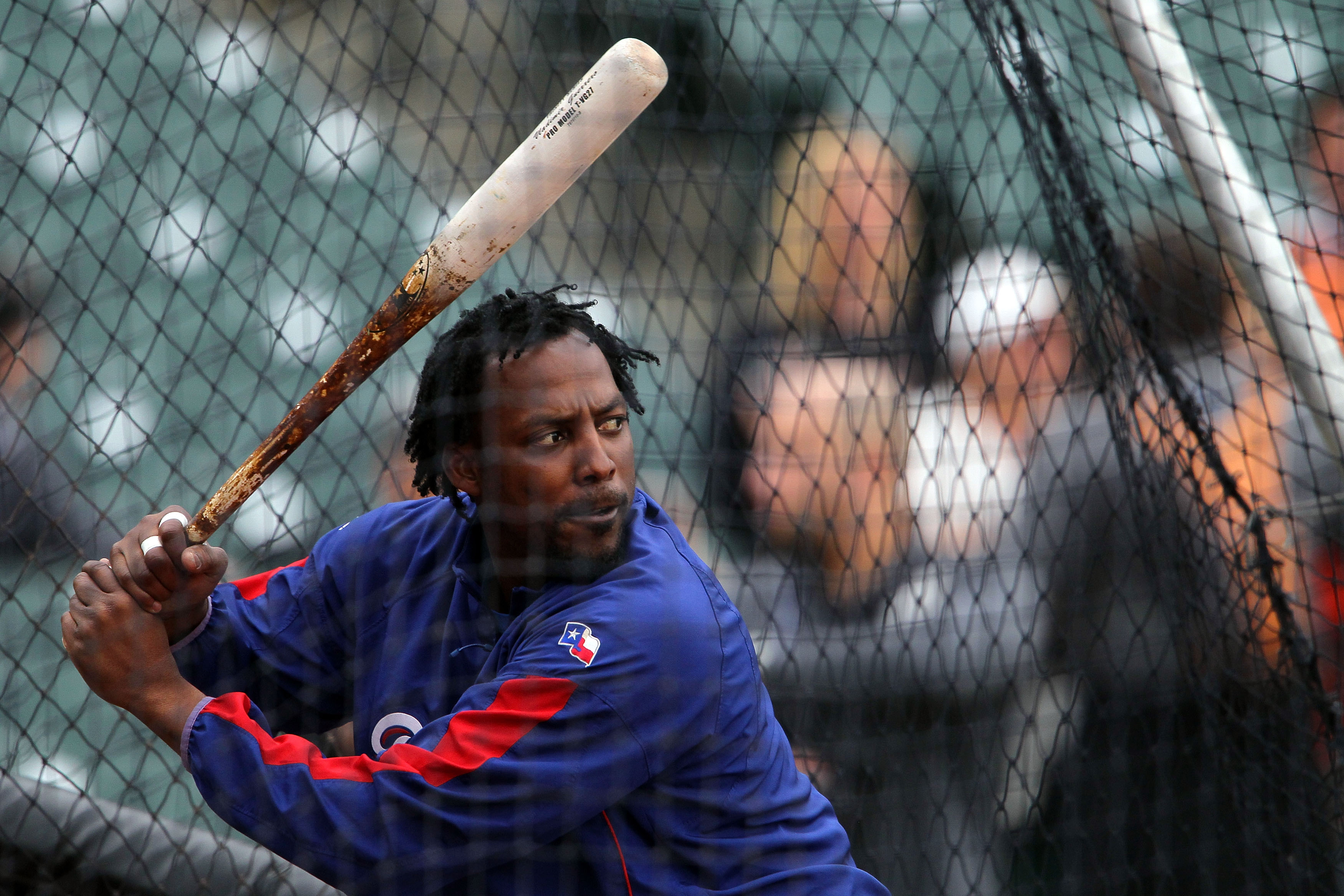 SAN FRANCISCO - OCTOBER 28:  Vladimir Guerrero #27 of the Texas Rangers takes batting practice before Game Two of the 2010 MLB World Series against the San Francisco Giants at AT&T Park on October 28, 2010 in San Francisco, California.  (Photo by Justin S