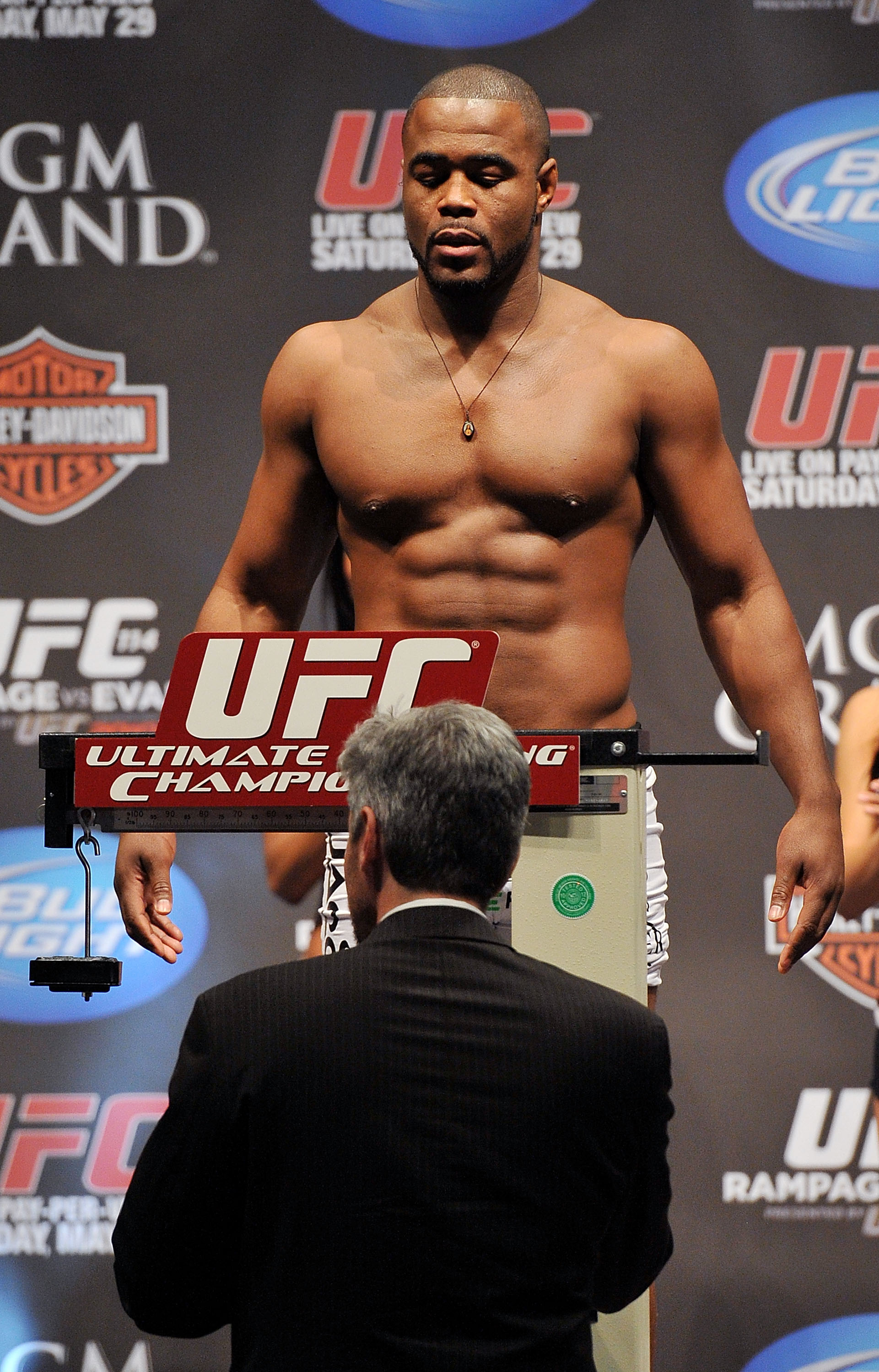 LAS VEGAS - MAY 28:  UFC fighter Rashad Evans weighs in for his fight against UFC fighter Quinton 'Rampage' Jackson at UFC 114: Rampage versus Rashad at the Mandalay Bay Hotel on May 28, 2010 in Las Vegas, Nevada.  (Photo by Jon Kopaloff/Getty Images)