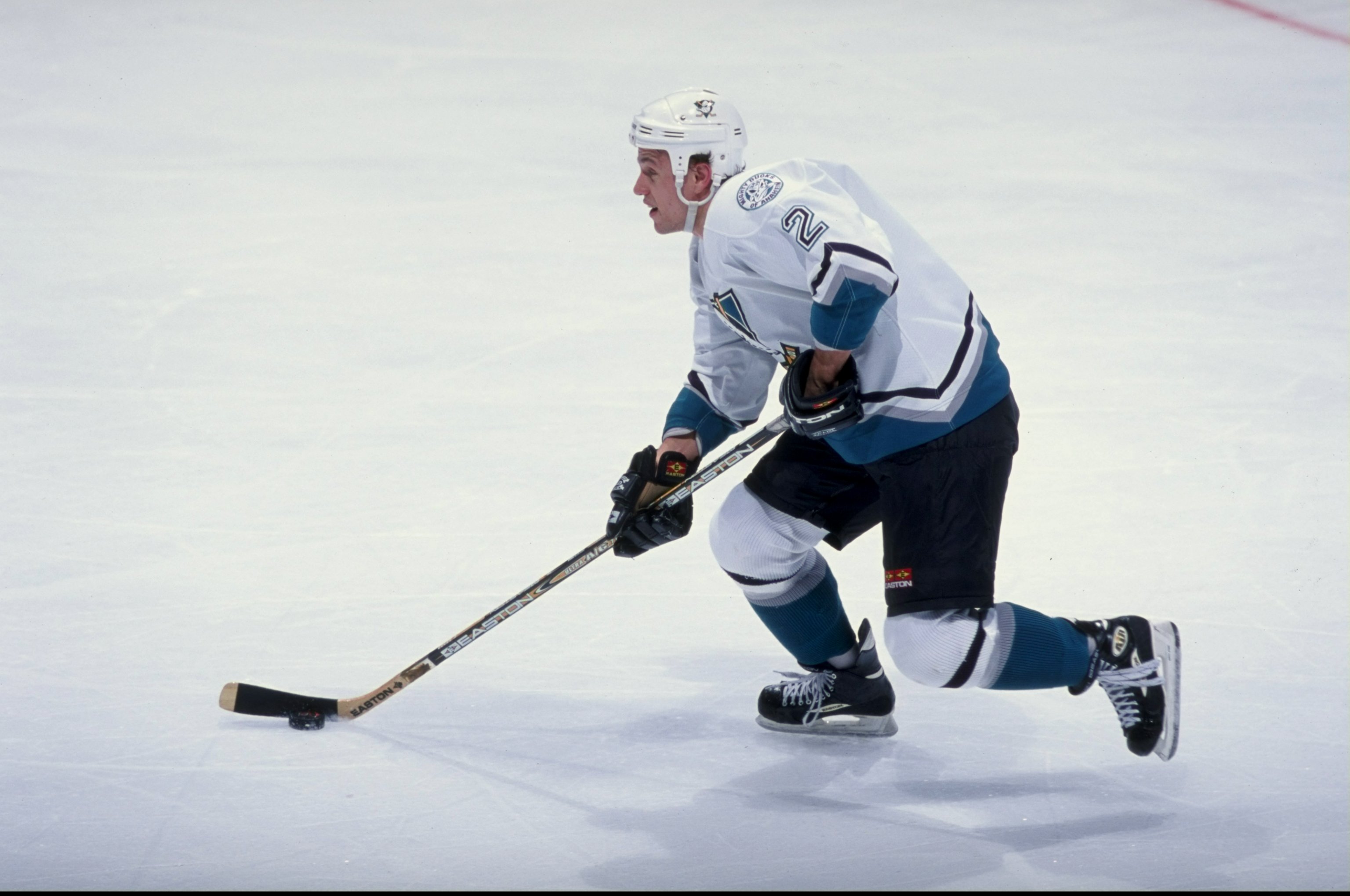 13 Jan 1999:  Fredrick Olausson #2 of the Anaheim Mighty Ducks in action during the game against the Calgary Flames at the Arrowhead Pond in Anaheim, California. The Flames defeated the Ducks 2-1. Mandatory Credit: Donald Miralle  /Allsport
