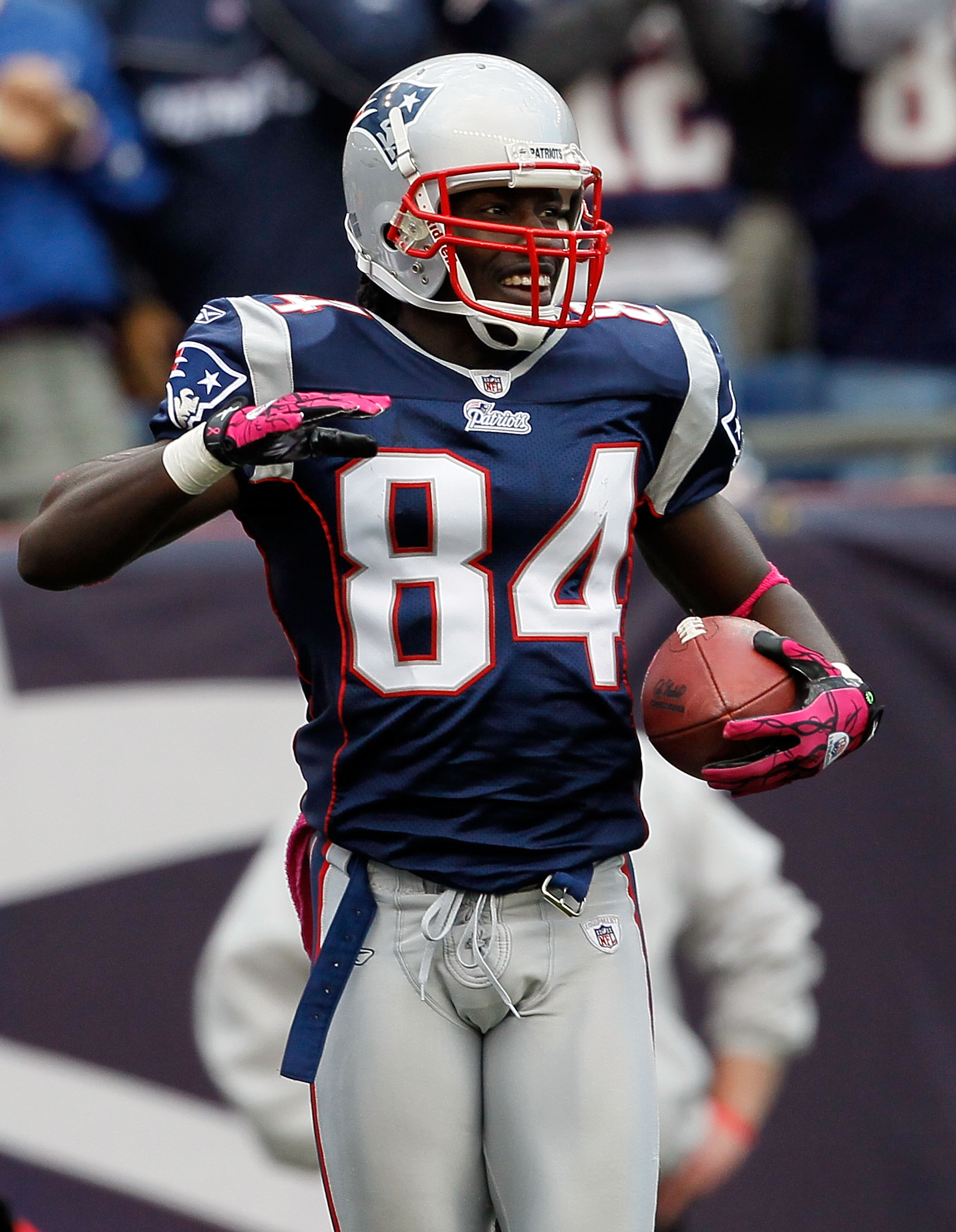 FOXBORO, MA - OCTOBER 17:  Deion Branch #84 of the New England Patriots after he caught a touchdown pass in the second half against the Baltimore Ravens at Gillette Stadium on October 17, 2010 in Foxboro, Massachusetts. The Patriot won 23-20 in overtime.