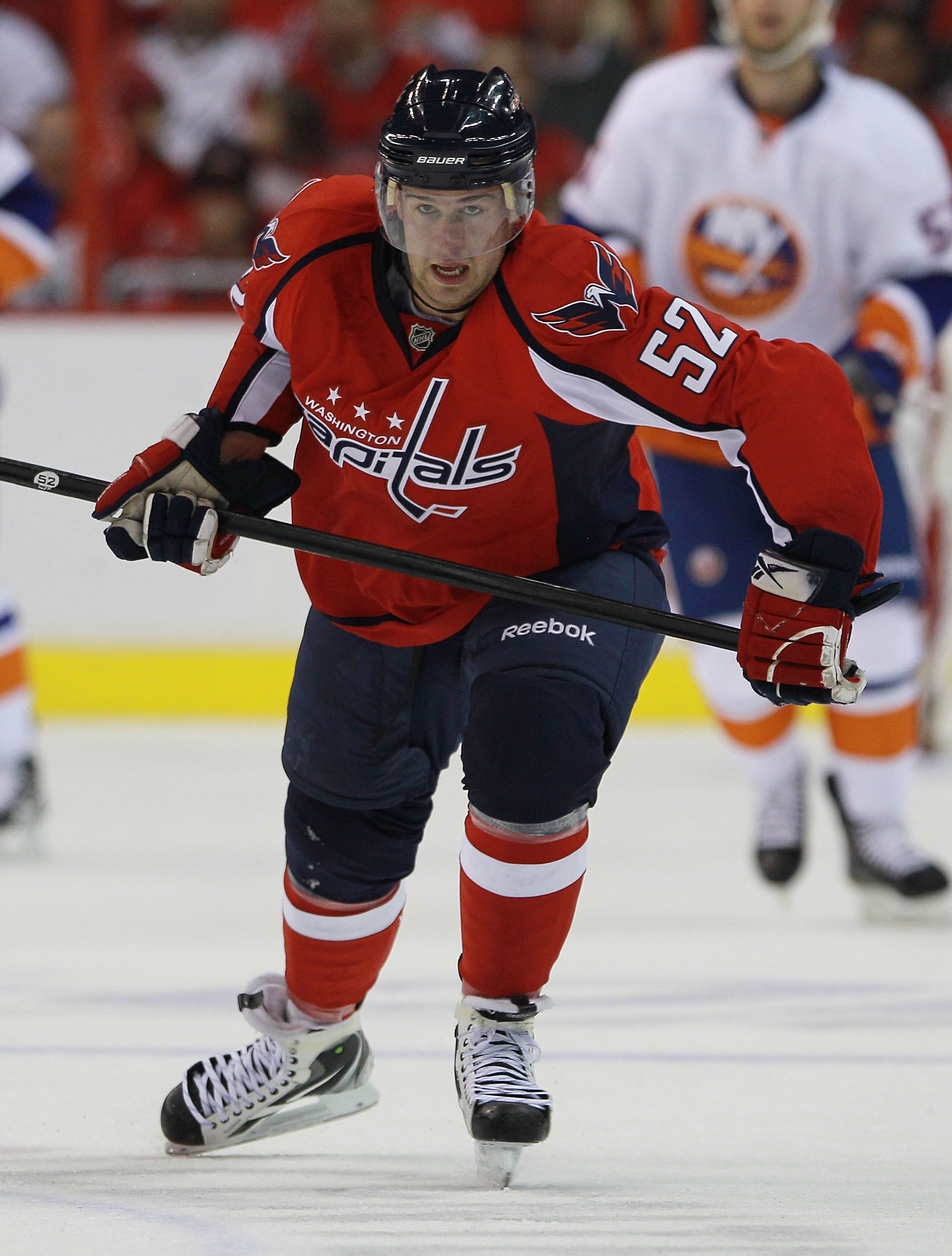 WASHINGTON - OCTOBER 13:  Mike Green #52 of the Washington Capitals skates against the New York Islanders at the Verizon Center on October 13, 2010 in Washington, DC.  (Photo by Bruce Bennett/Getty Images)