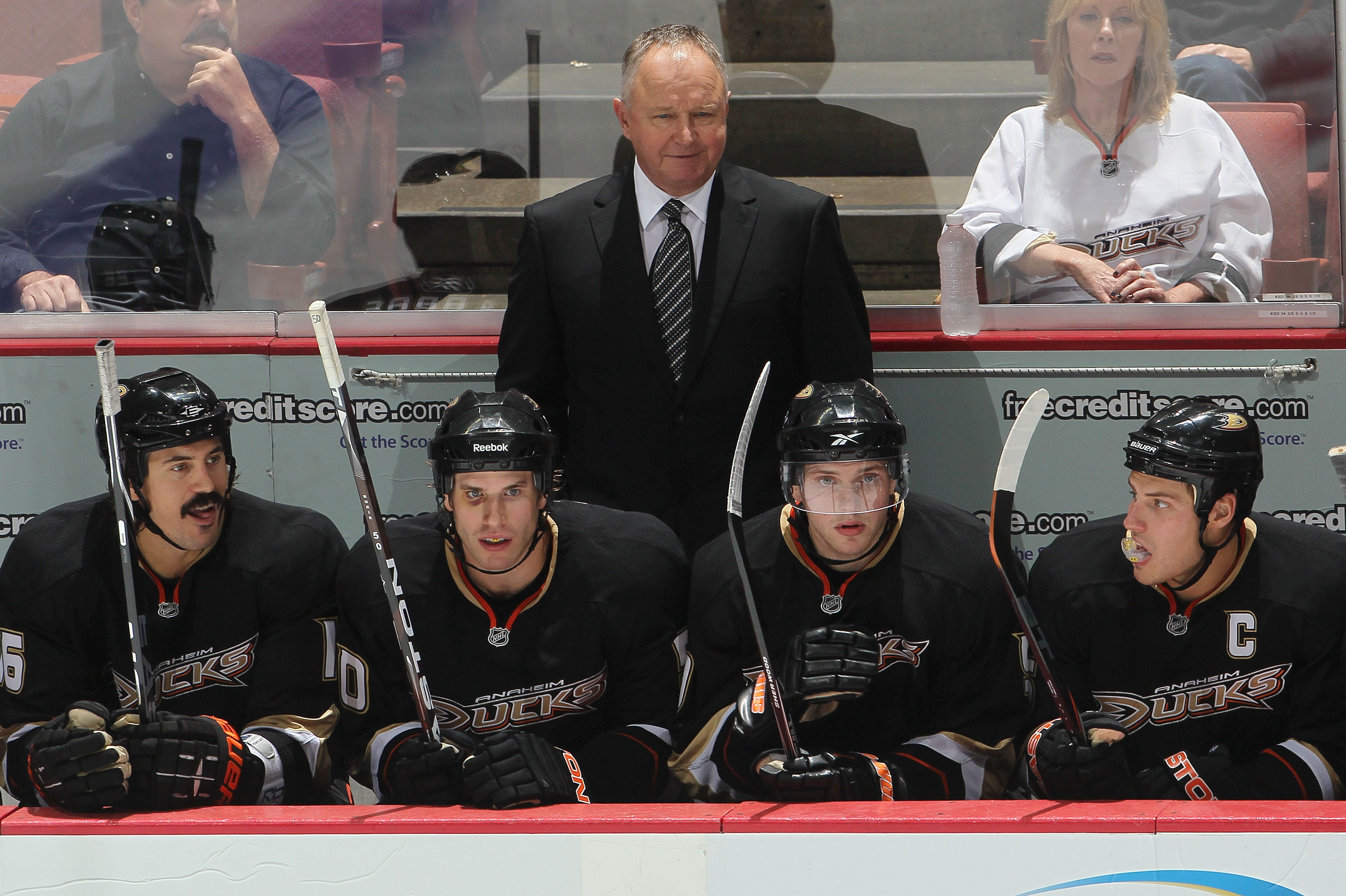 ANAHEIM, CA - OCTOBER 13:  Randy Carlyle, head coach of the Anaheim Ducks looks on from the bench against the Vancouver Canucks during their game at Honda Center on October 13, 2010 in Anaheim, California.  (Photo by Jeff Gross/Getty Images)
