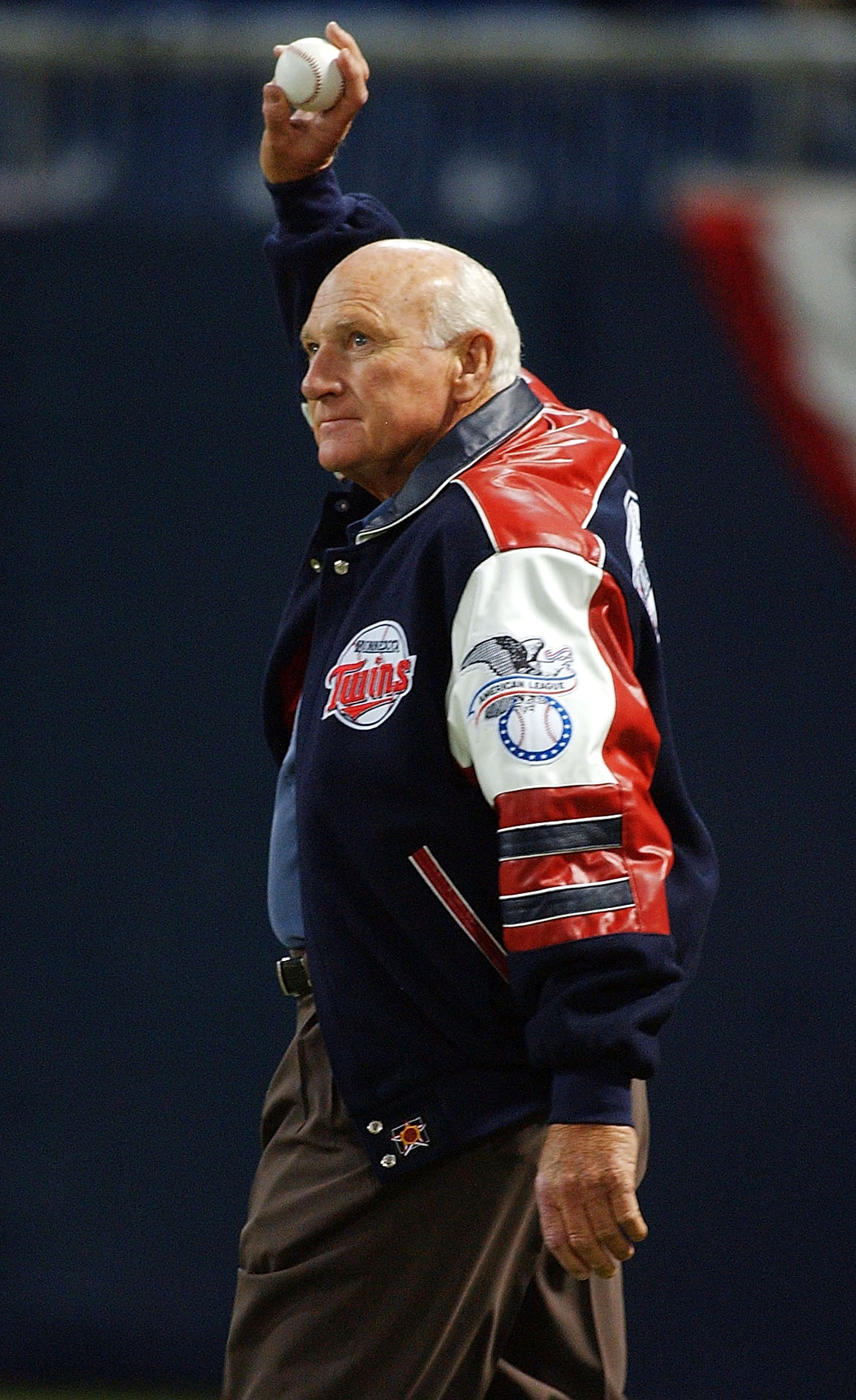 MINNEAPOLIS - OCTOBER 8:  Former Twin great Harmon Killebrew waves to the crowd prior to throwing out the first pitch before a game between the Minnesota Twins and the New York Yankees during game three of the American League Divisional Series on October 