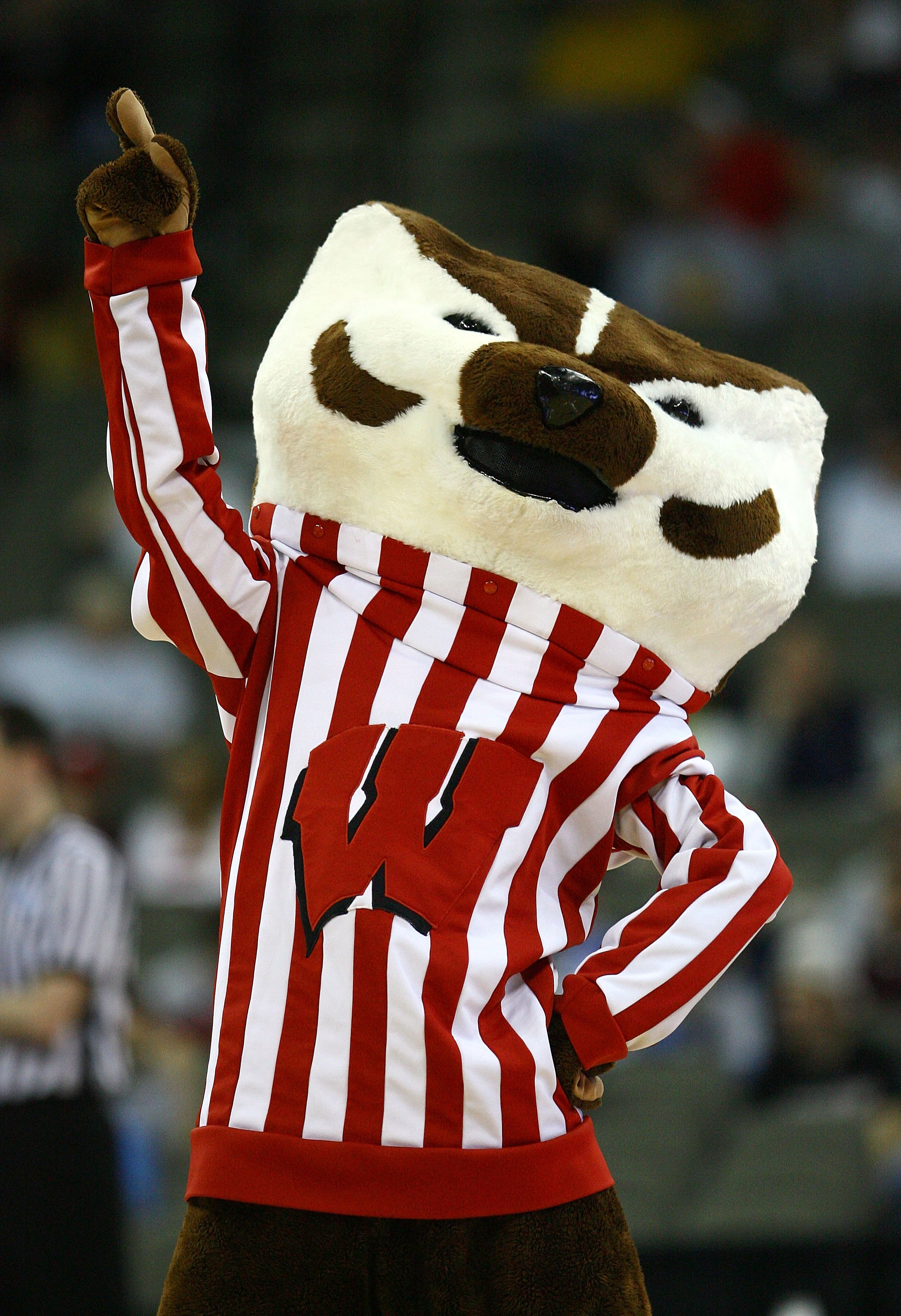 OMAHA, NE - MARCH 20:  Bucky the Badger, mascot for the Wisconsin Badgers performs against the Cal State Fullerton Titans during the Midwest Region first round of the 2008 NCAA Men's Basketball Tournament on March 20, 2008 at the Qwest Center in Omaha, Ne