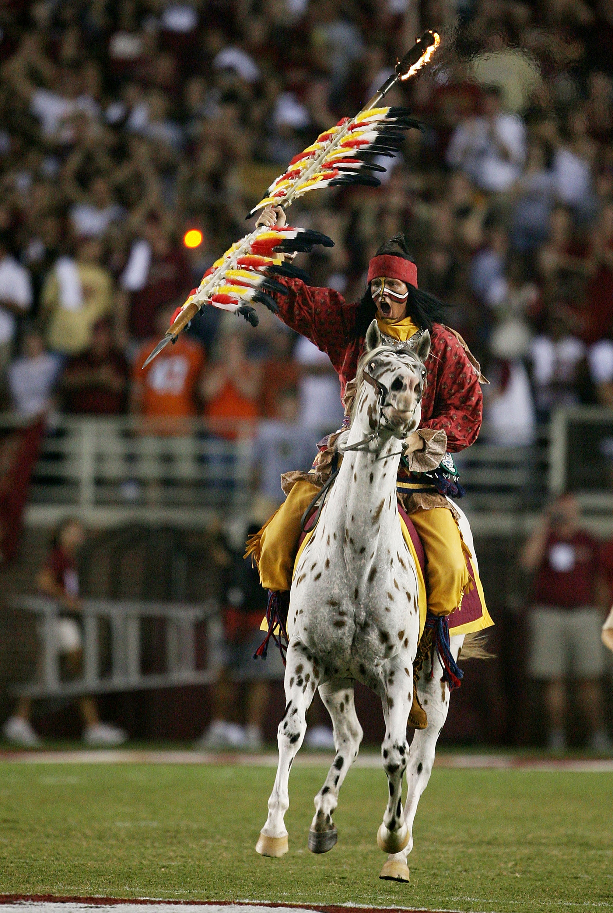 TALLAHASSEE, FL - SEPTEMBER 07:  Renegade and Chief Osceola prepares to bury his spear on the 50-yard line before the Miami Hurricanes take on the Florida State Seminoles at Doak Campbell Stadium on September 7, 2009 in Tallahassee, Florida. Miami defeate